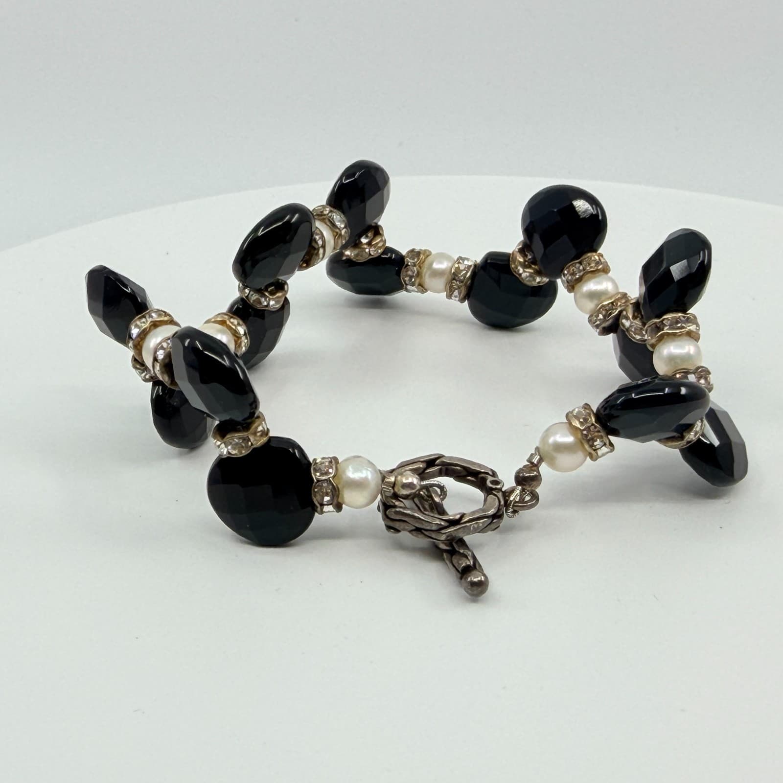 Vintage Gunmetal Tone Black Faceted Bead Faux Pearl Rhinestone Toggle Bracelet - Thumbnail 5
