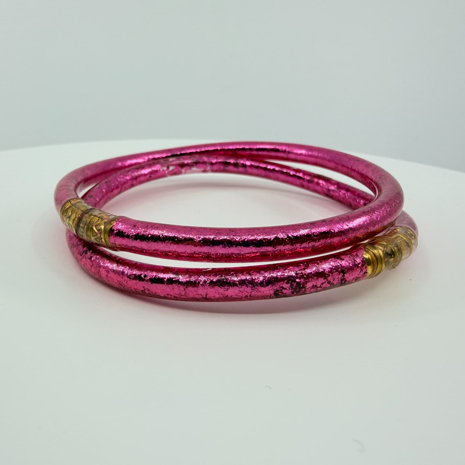 Vintage Pink Glitter Jelly Bangle Bracelet Set Gold Tone Accent Waterproof Boho - Thumbnail 2