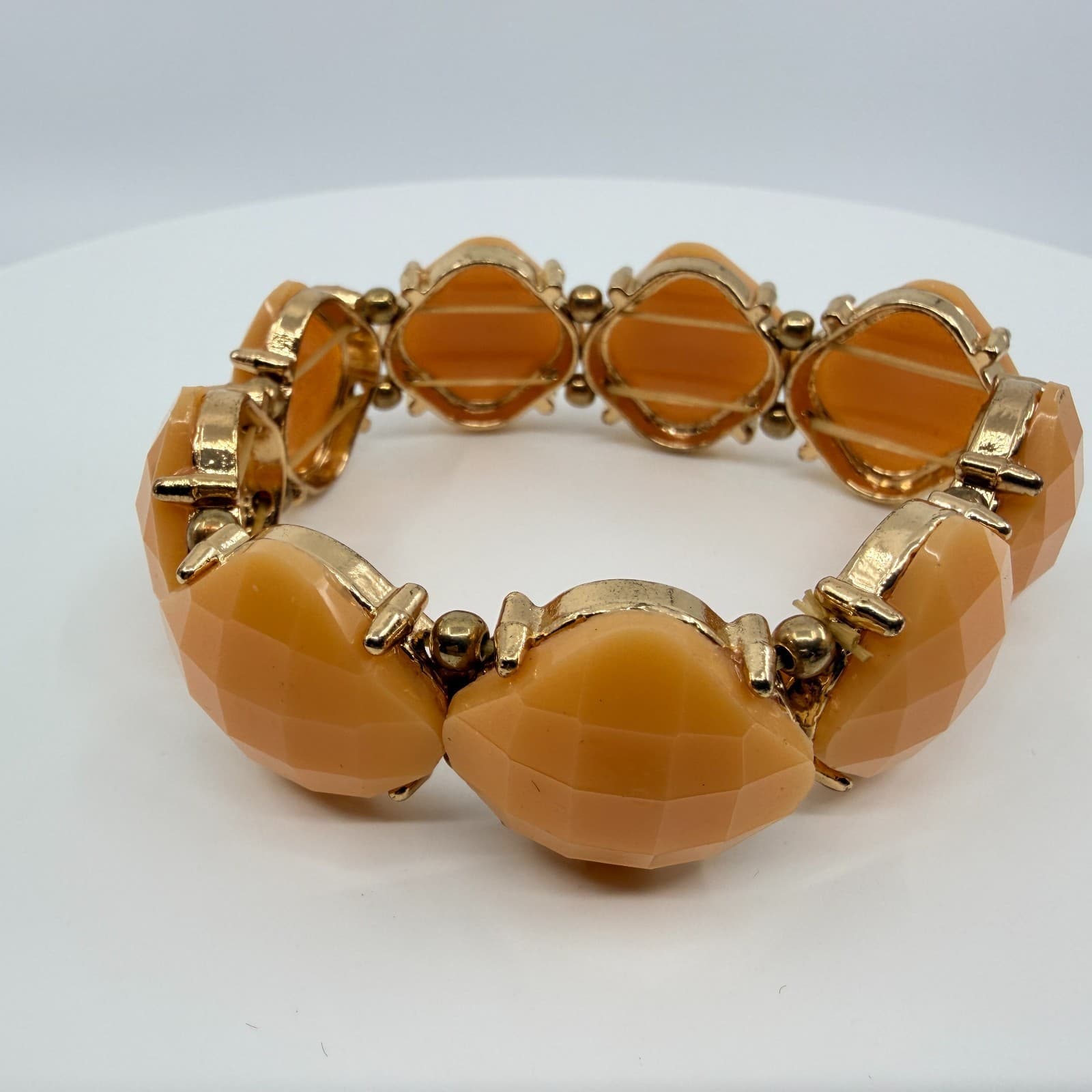 Vintage Gold Tone Peach Apricot Faceted Bead Stretch Bracelet Chunky Statement - Thumbnail 4