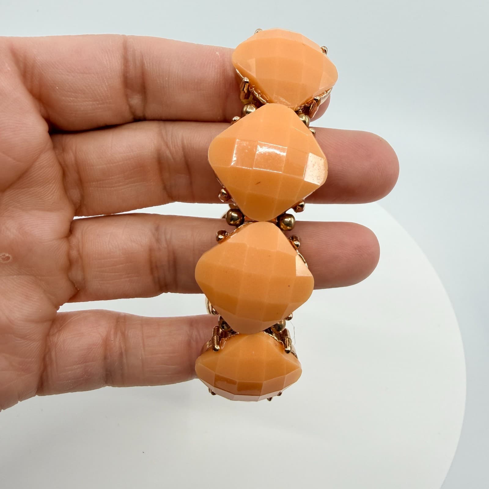 Vintage Gold Tone Peach Apricot Faceted Bead Stretch Bracelet Chunky Statement - Thumbnail 6