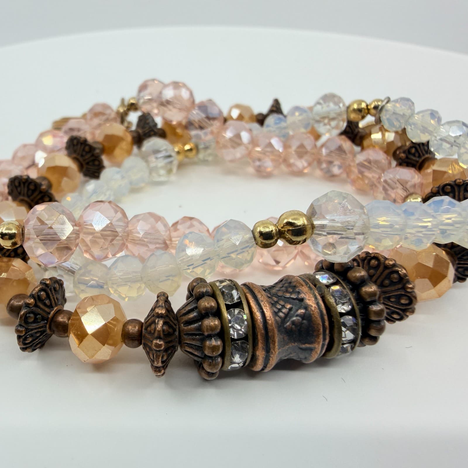 Vintage Copper Tone Peach Iridescent Beaded Stackable Stretch Bracelet Set 3 - Thumbnail 2