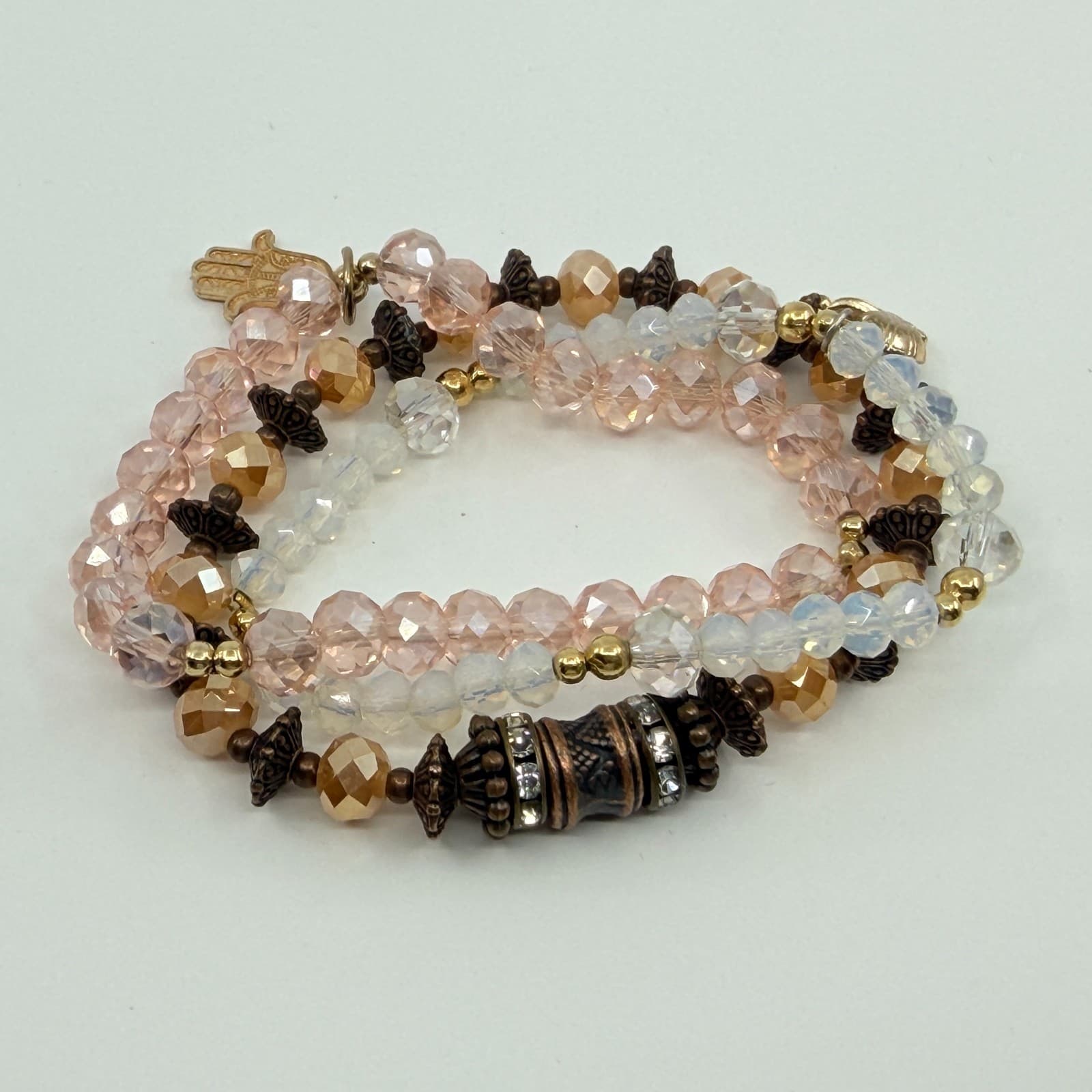 Vintage Copper Tone Peach Iridescent Beaded Stackable Stretch Bracelet Set 3 - Thumbnail 4