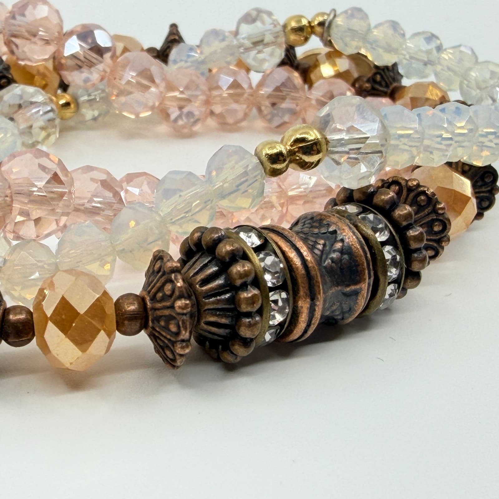 Vintage Copper Tone Peach Iridescent Beaded Stackable Stretch Bracelet Set 3 - Thumbnail 5