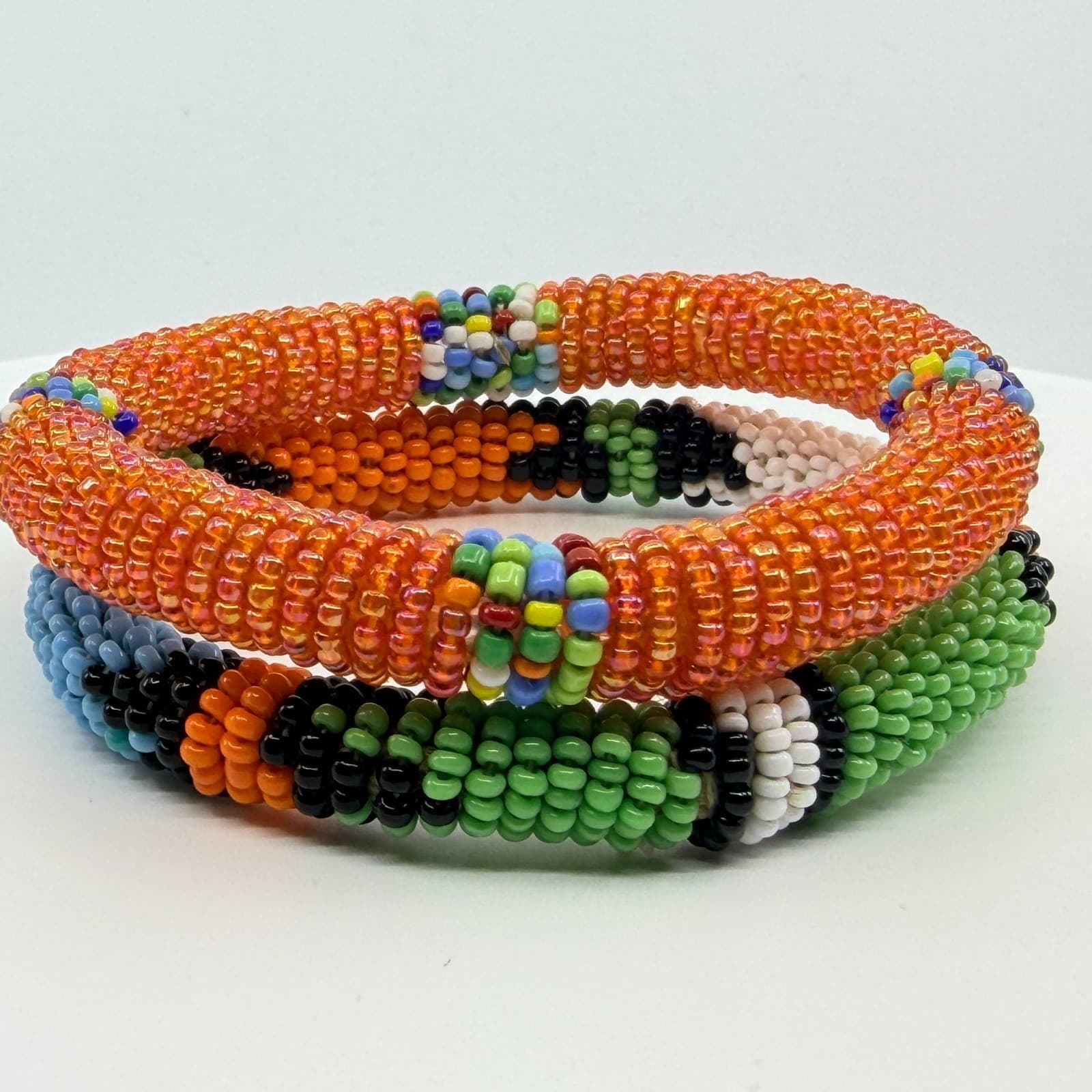 Vintage South African Zulu Beaded Rope Bangle Set 2 Orange Green Boho Statement - Thumbnail 5