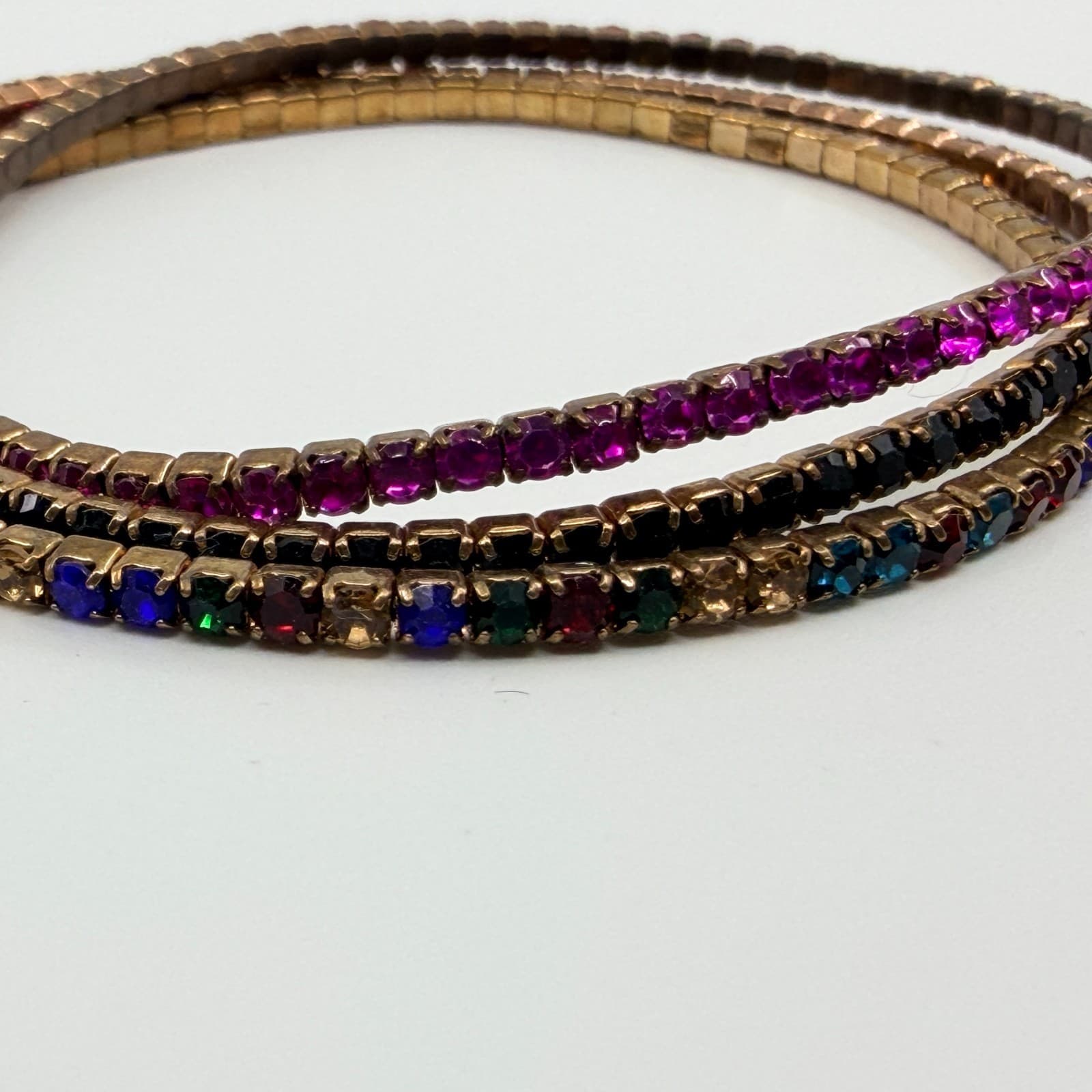 Vintage Bronze Tone Multi Color Rhinestone Stackable Stretch Bracelet Set 3 90s - Thumbnail 5