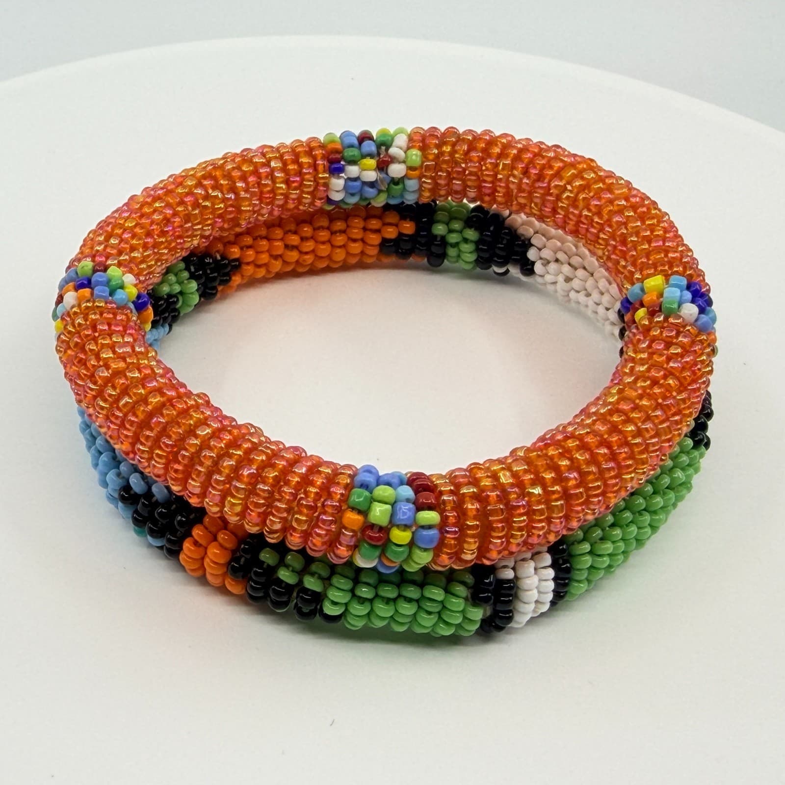 Vintage South African Zulu Beaded Rope Bangle Set 2 Orange Green Boho Statement - Thumbnail 4