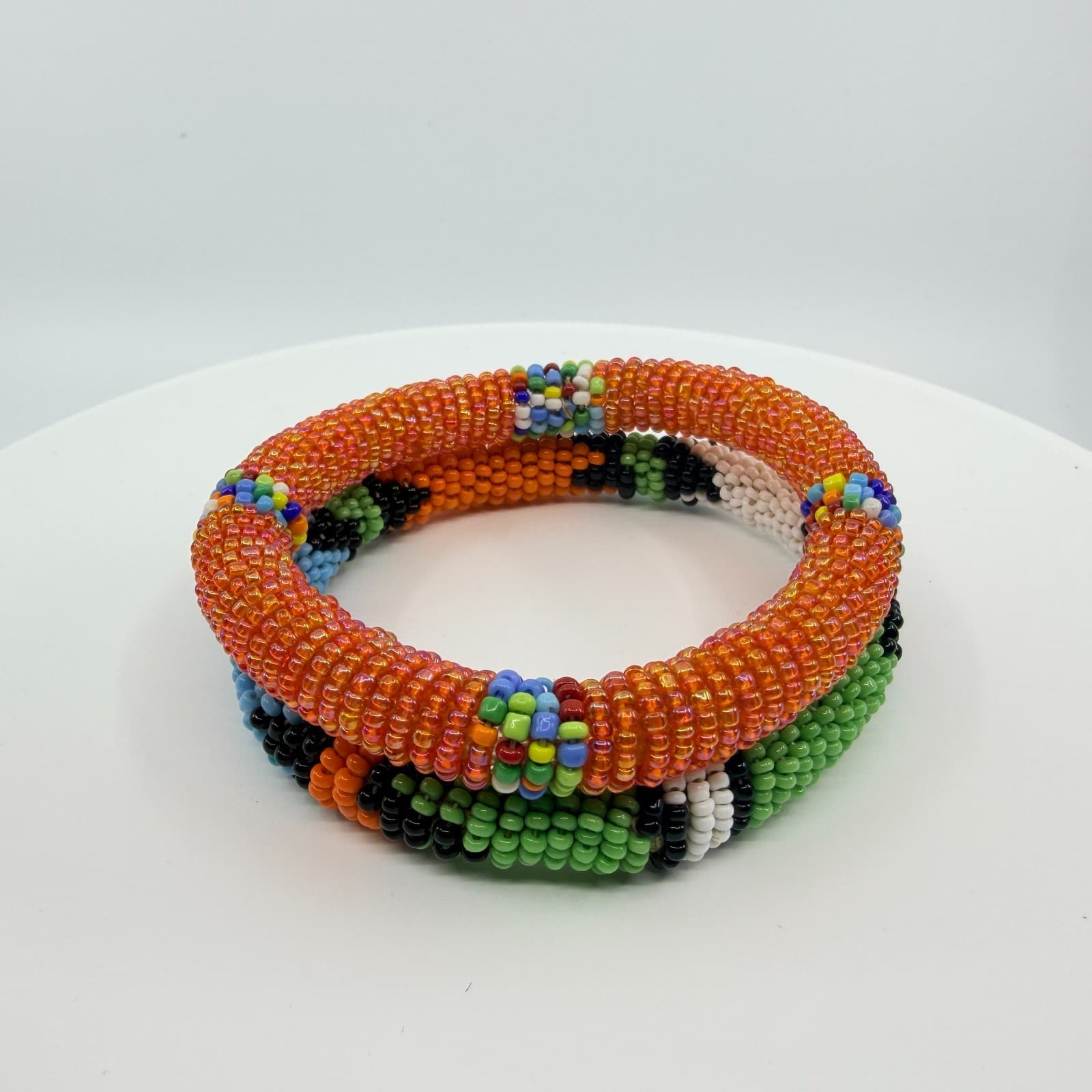 Vintage South African Zulu Beaded Rope Bangle Set 2 Orange Green Boho Statement - Thumbnail 3