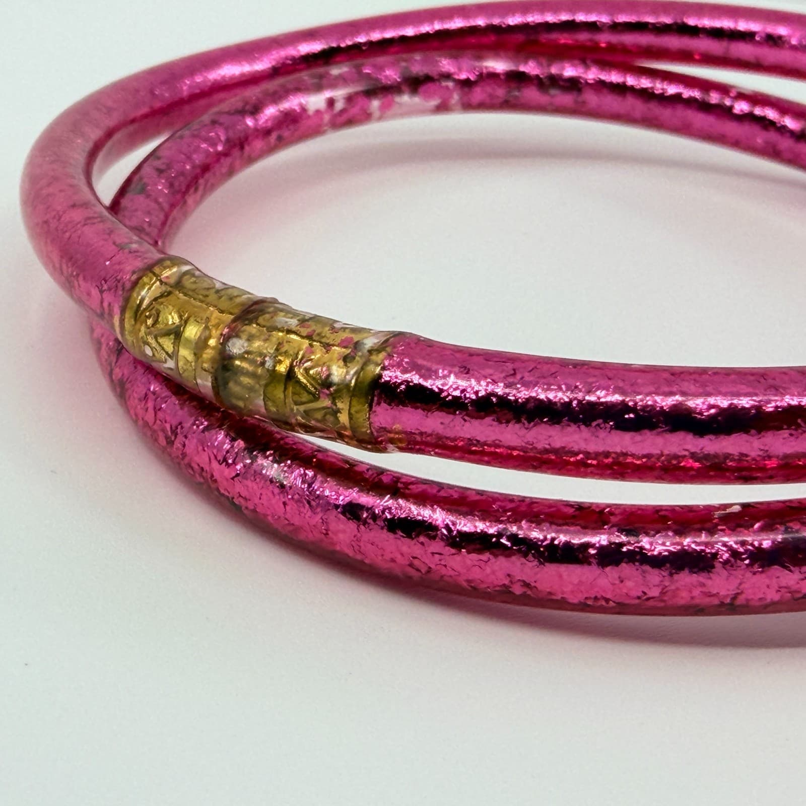 Vintage Pink Glitter Jelly Bangle Bracelet Set Gold Tone Accent Waterproof Boho - Thumbnail 4