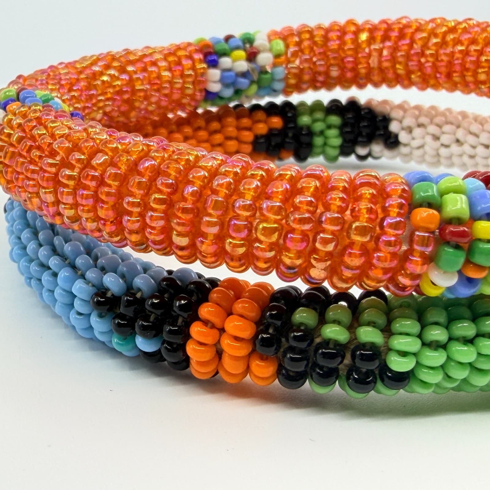 Vintage South African Zulu Beaded Rope Bangle Set 2 Orange Green Boho Statement - Thumbnail 6