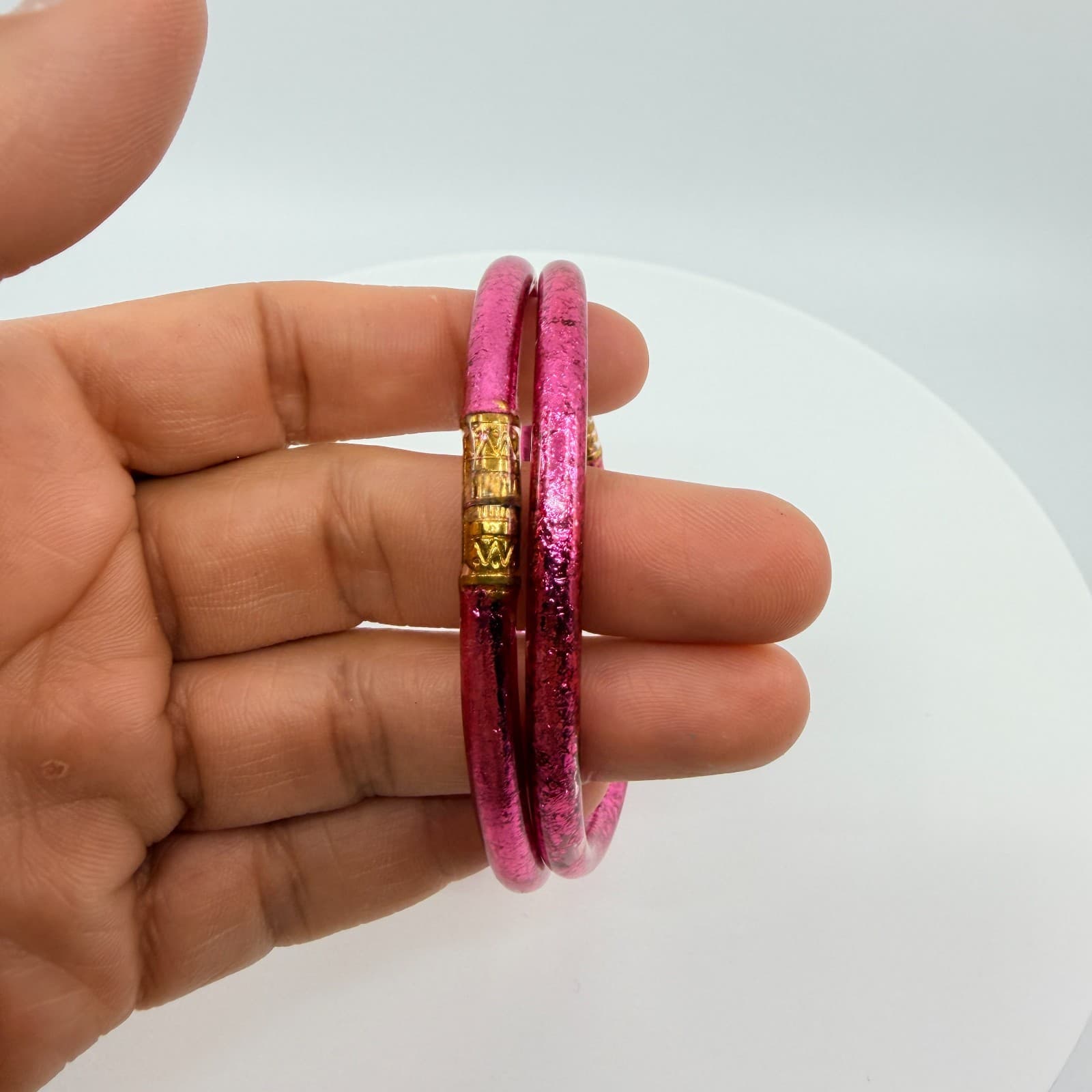 Vintage Pink Glitter Jelly Bangle Bracelet Set Gold Tone Accent Waterproof Boho - Thumbnail 7