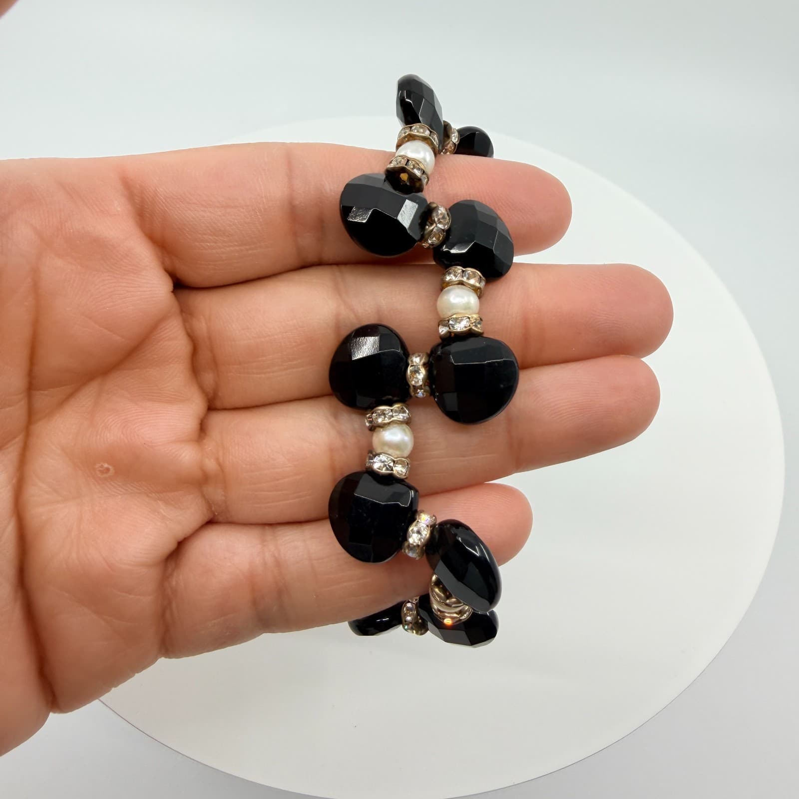 Vintage Gunmetal Tone Black Faceted Bead Faux Pearl Rhinestone Toggle Bracelet - Thumbnail 6