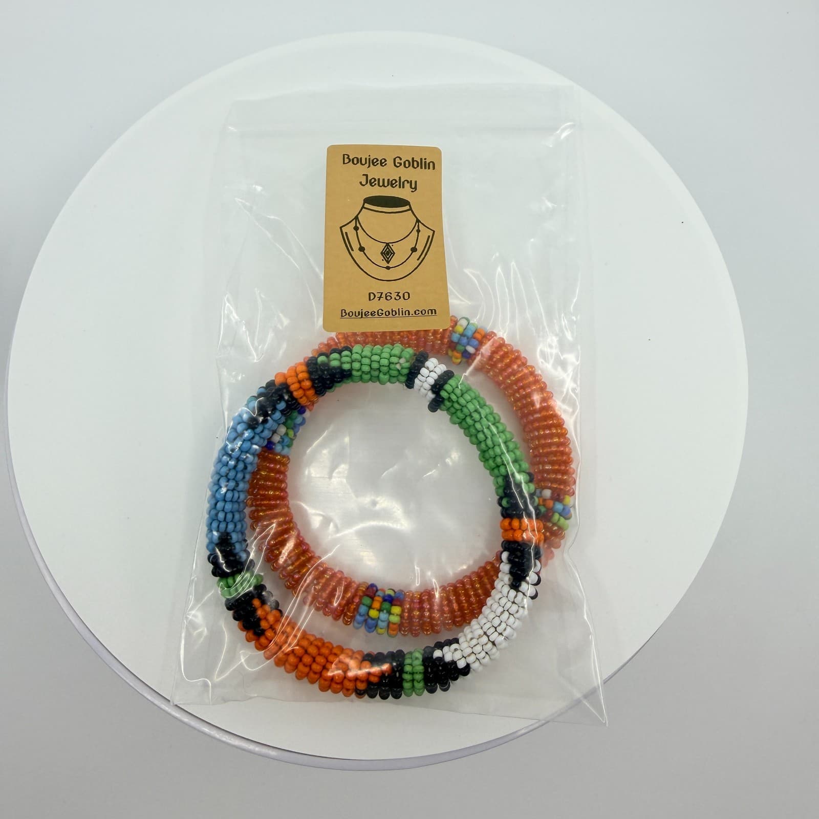 Vintage South African Zulu Beaded Rope Bangle Set 2 Orange Green Boho Statement - Thumbnail 9