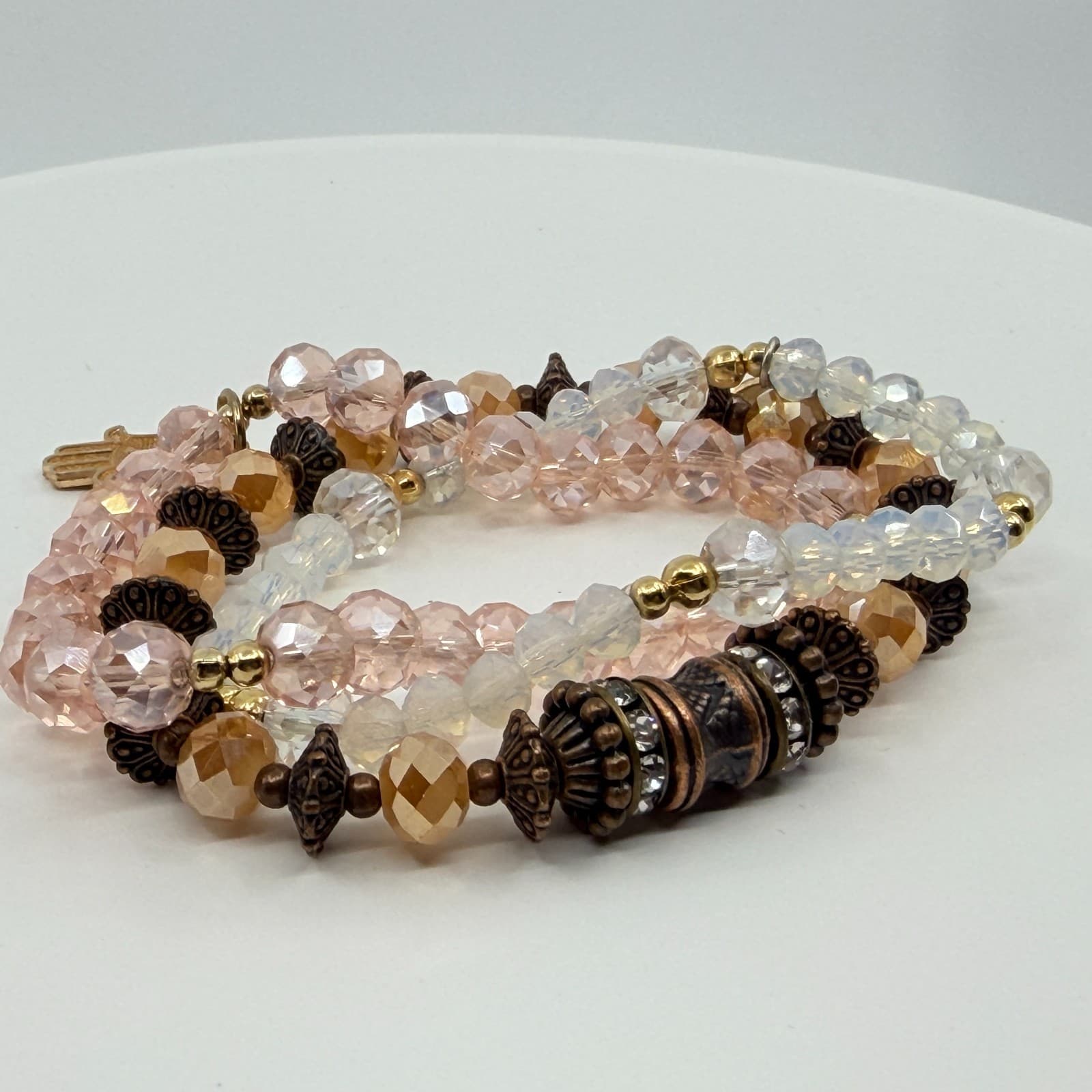 Vintage Copper Tone Peach Iridescent Beaded Stackable Stretch Bracelet Set 3 - Thumbnail 6