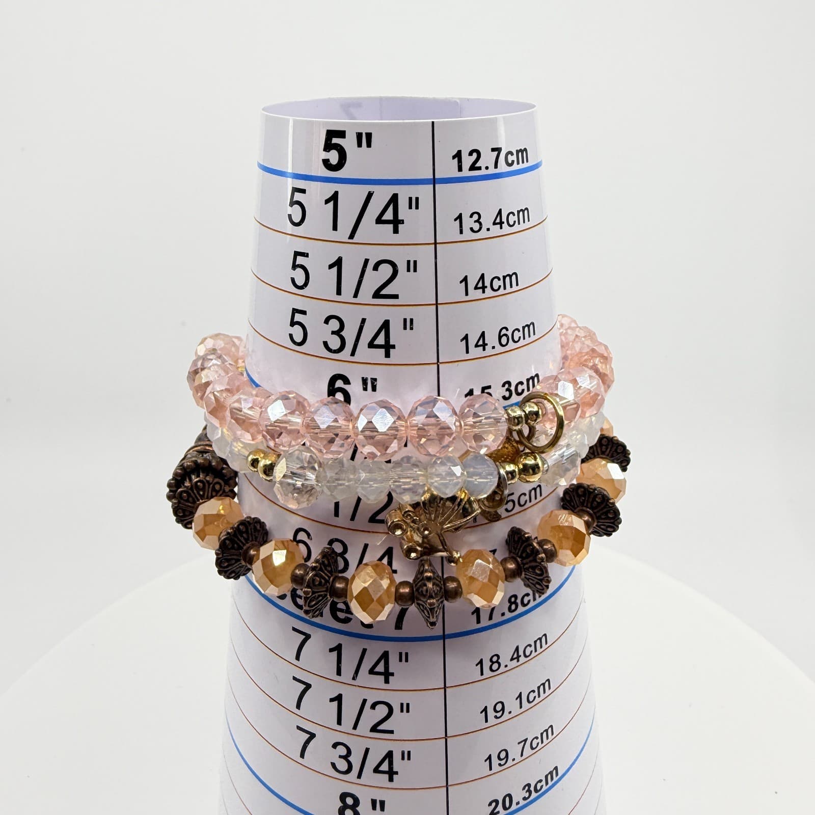 Vintage Copper Tone Peach Iridescent Beaded Stackable Stretch Bracelet Set 3 - Thumbnail 8
