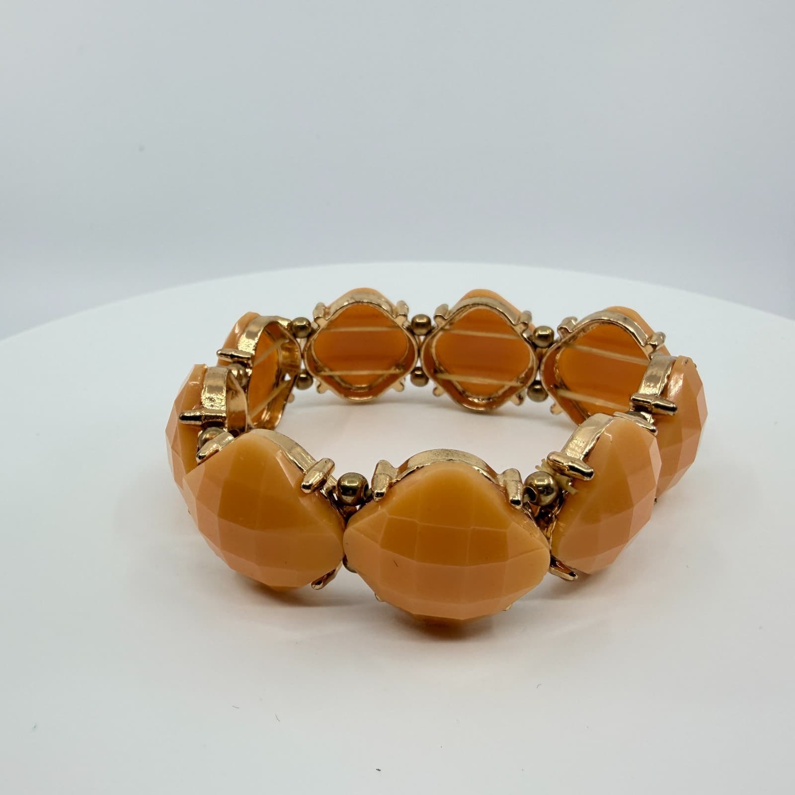 Vintage Gold Tone Peach Apricot Faceted Bead Stretch Bracelet Chunky Statement - Thumbnail 3