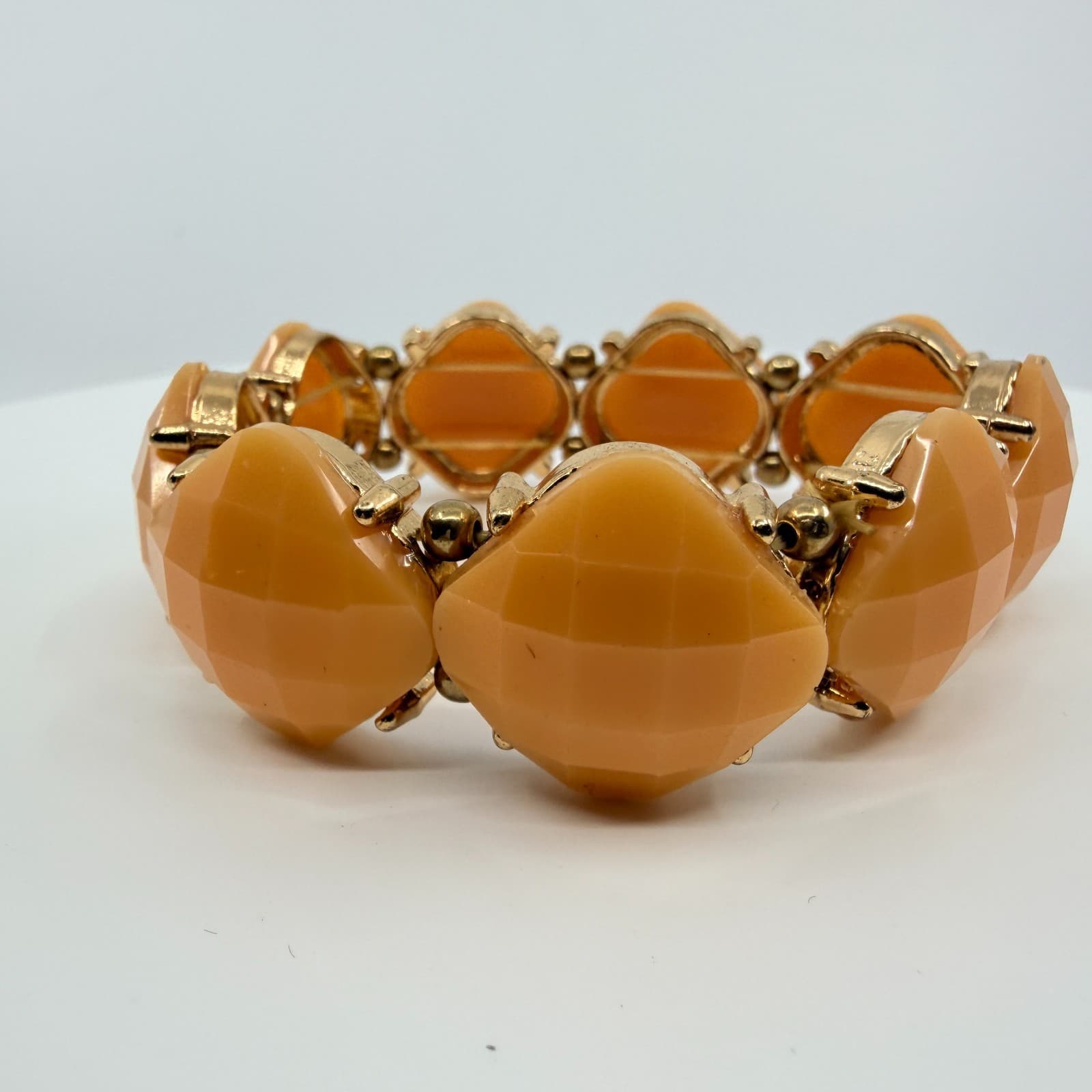 Vintage Gold Tone Peach Apricot Faceted Bead Stretch Bracelet Chunky Statement - Thumbnail 2