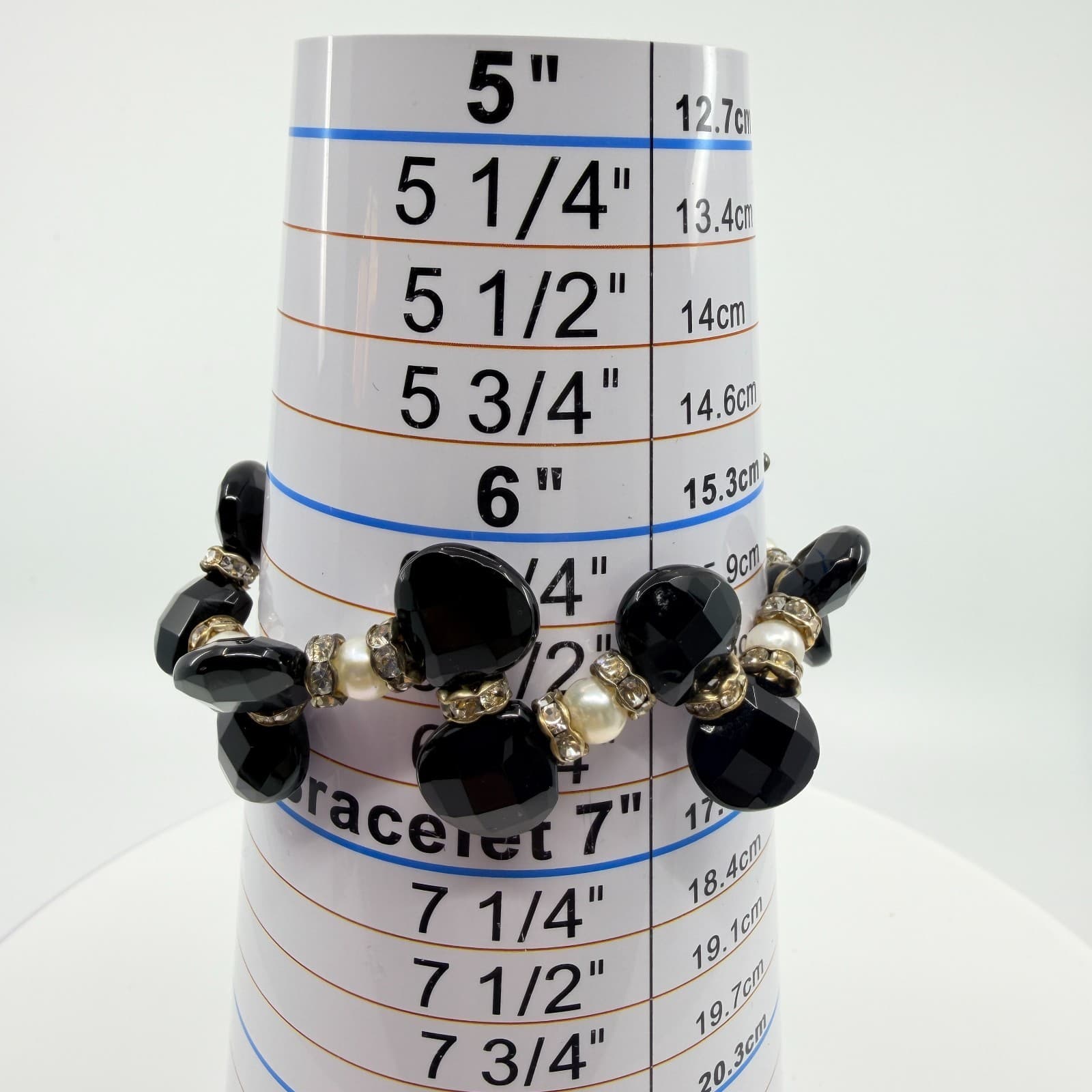 Vintage Gunmetal Tone Black Faceted Bead Faux Pearl Rhinestone Toggle Bracelet - Thumbnail 7