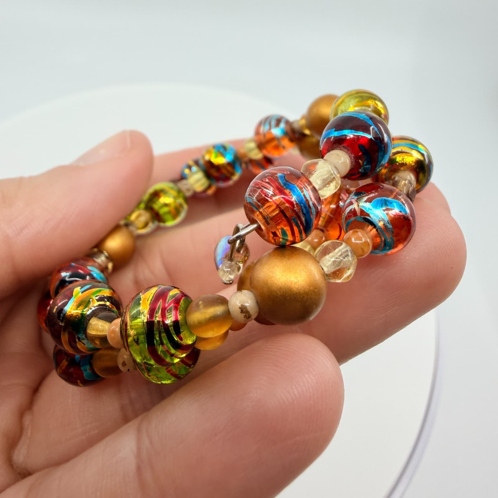 Vintage Gold Tone Lampwork Art Glass Beaded Coil Wrap Bracelet Chunky Boho 90s - Thumbnail 9