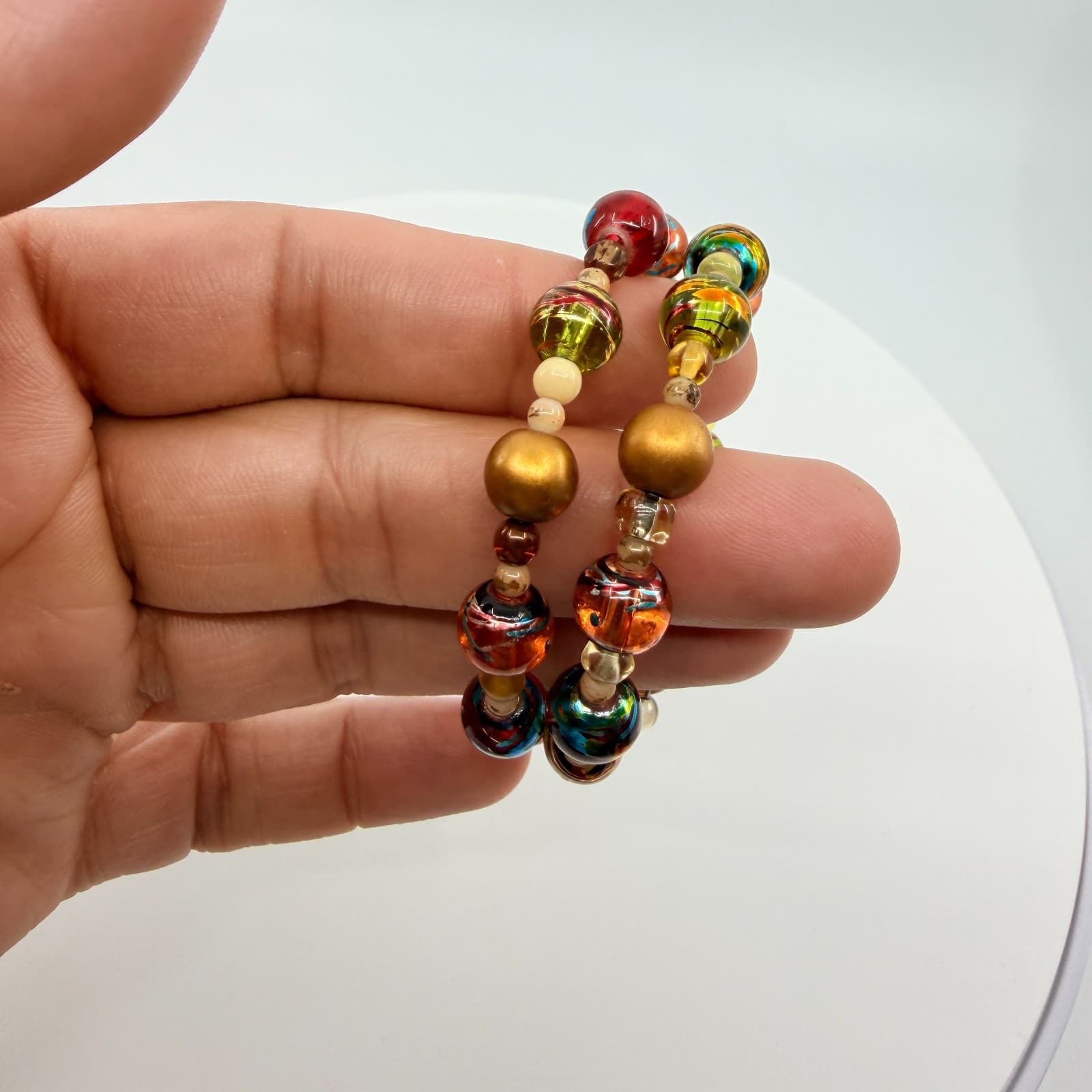 Vintage Gold Tone Lampwork Art Glass Beaded Coil Wrap Bracelet Chunky Boho 90s - Thumbnail 8