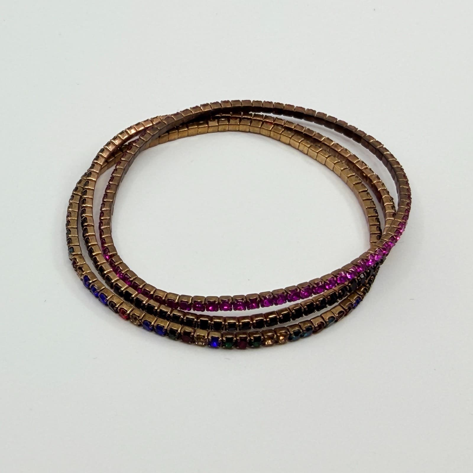 Vintage Bronze Tone Multi Color Rhinestone Stackable Stretch Bracelet Set 3 90s - Thumbnail 2