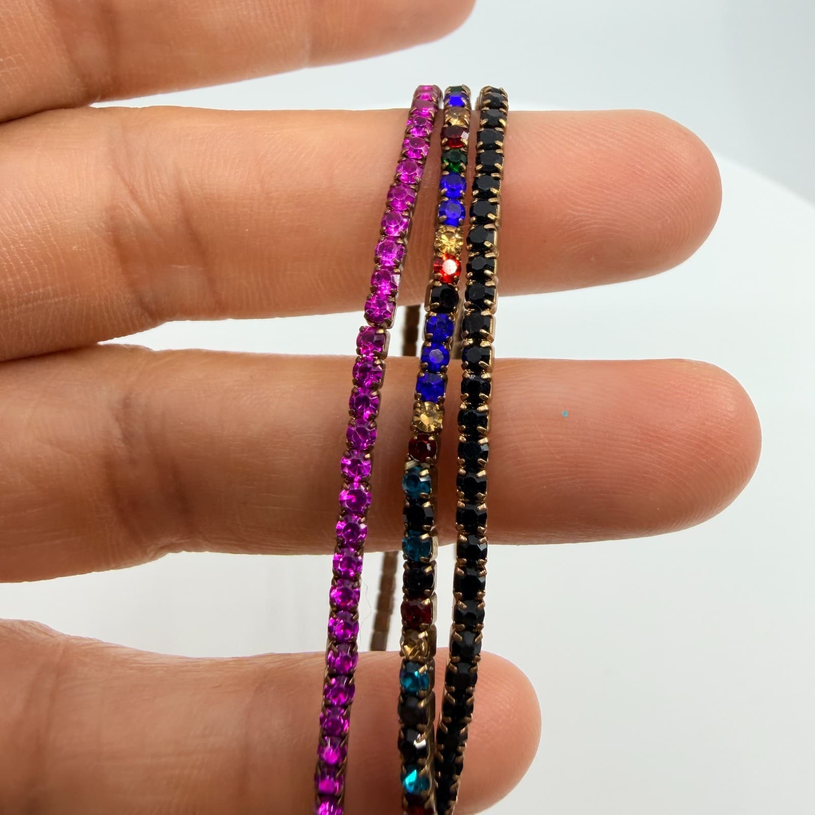 Vintage Bronze Tone Multi Color Rhinestone Stackable Stretch Bracelet Set 3 90s - Thumbnail 7