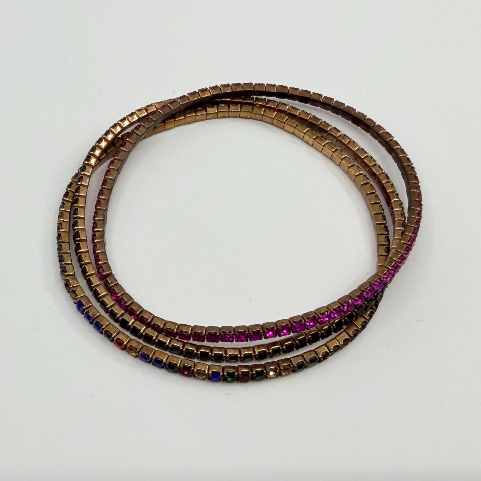 Vintage Bronze Tone Multi Color Rhinestone Stackable Stretch Bracelet Set 3 90s - Thumbnail 3