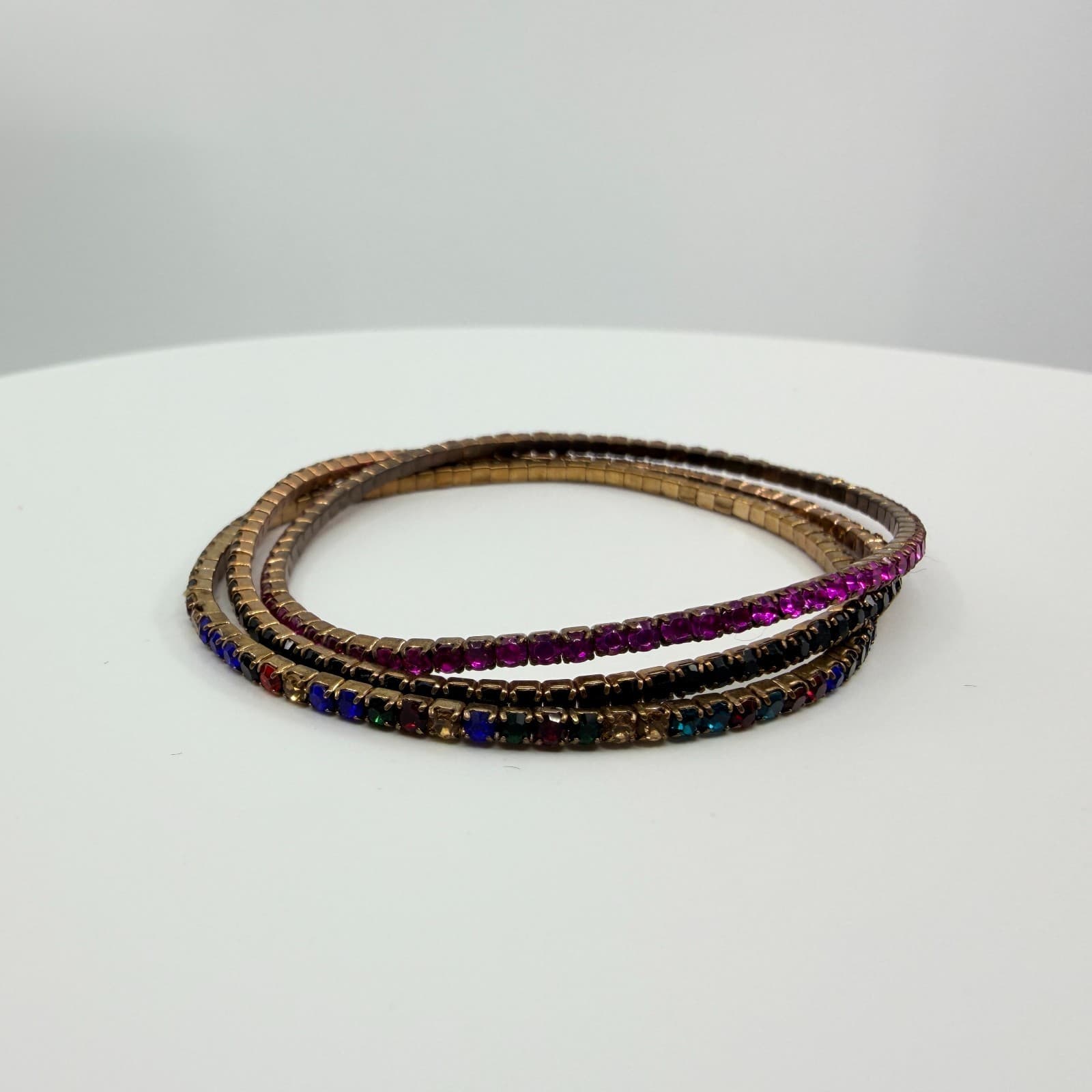 Vintage Bronze Tone Multi Color Rhinestone Stackable Stretch Bracelet Set 3 90s - Thumbnail 6