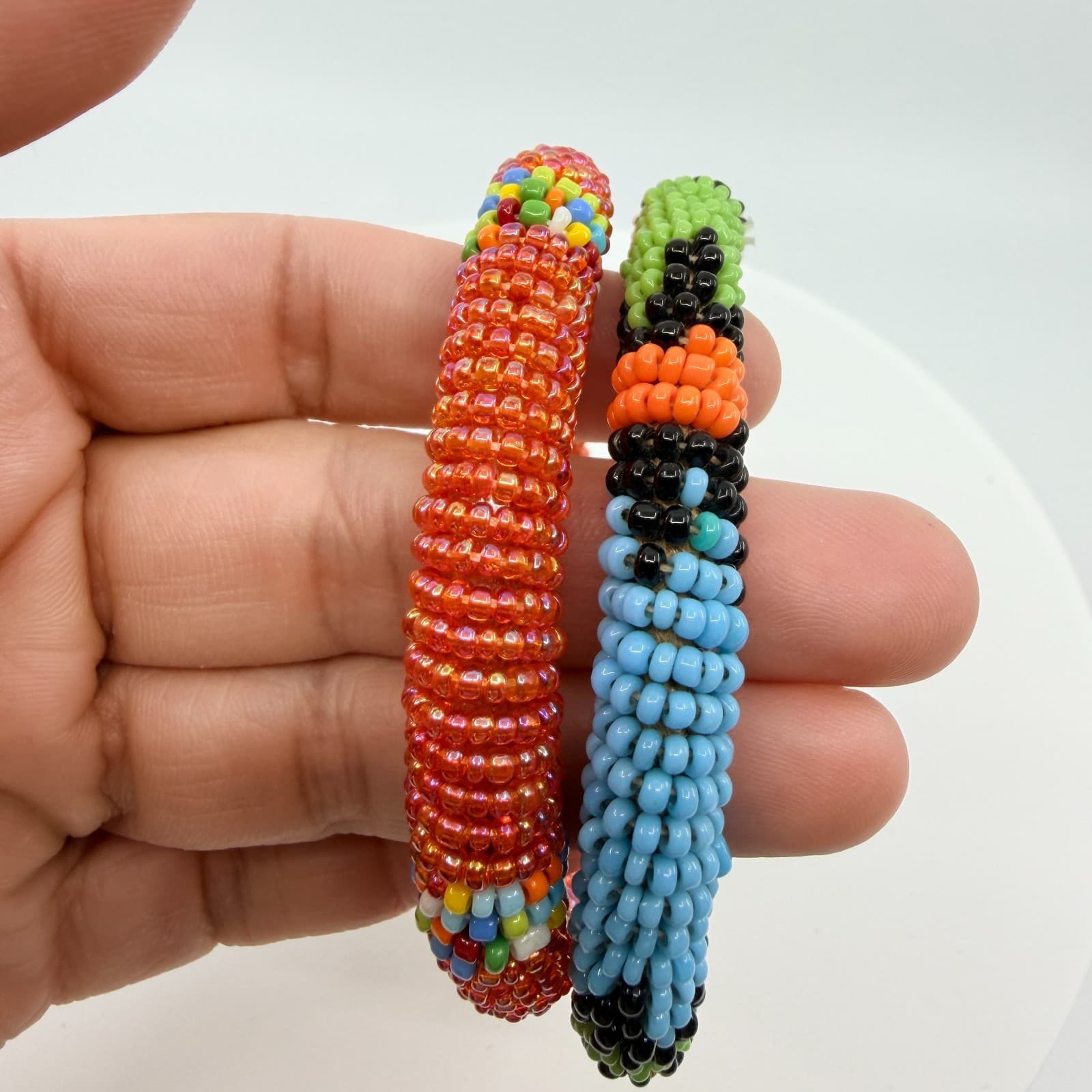 Vintage South African Zulu Beaded Rope Bangle Set 2 Orange Green Boho Statement - Thumbnail 7