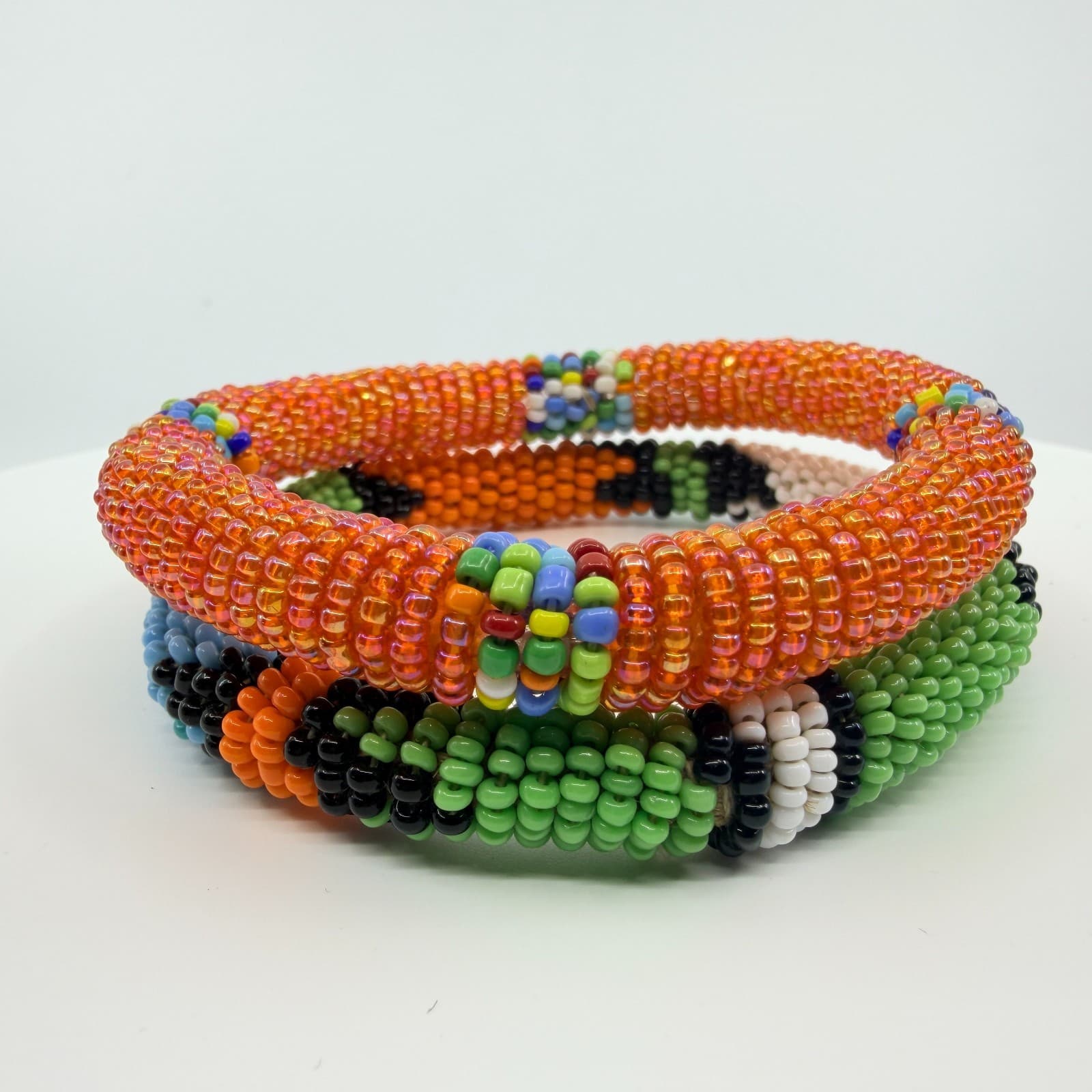 Vintage South African Zulu Beaded Rope Bangle Set 2 Orange Green Boho Statement - Thumbnail 2