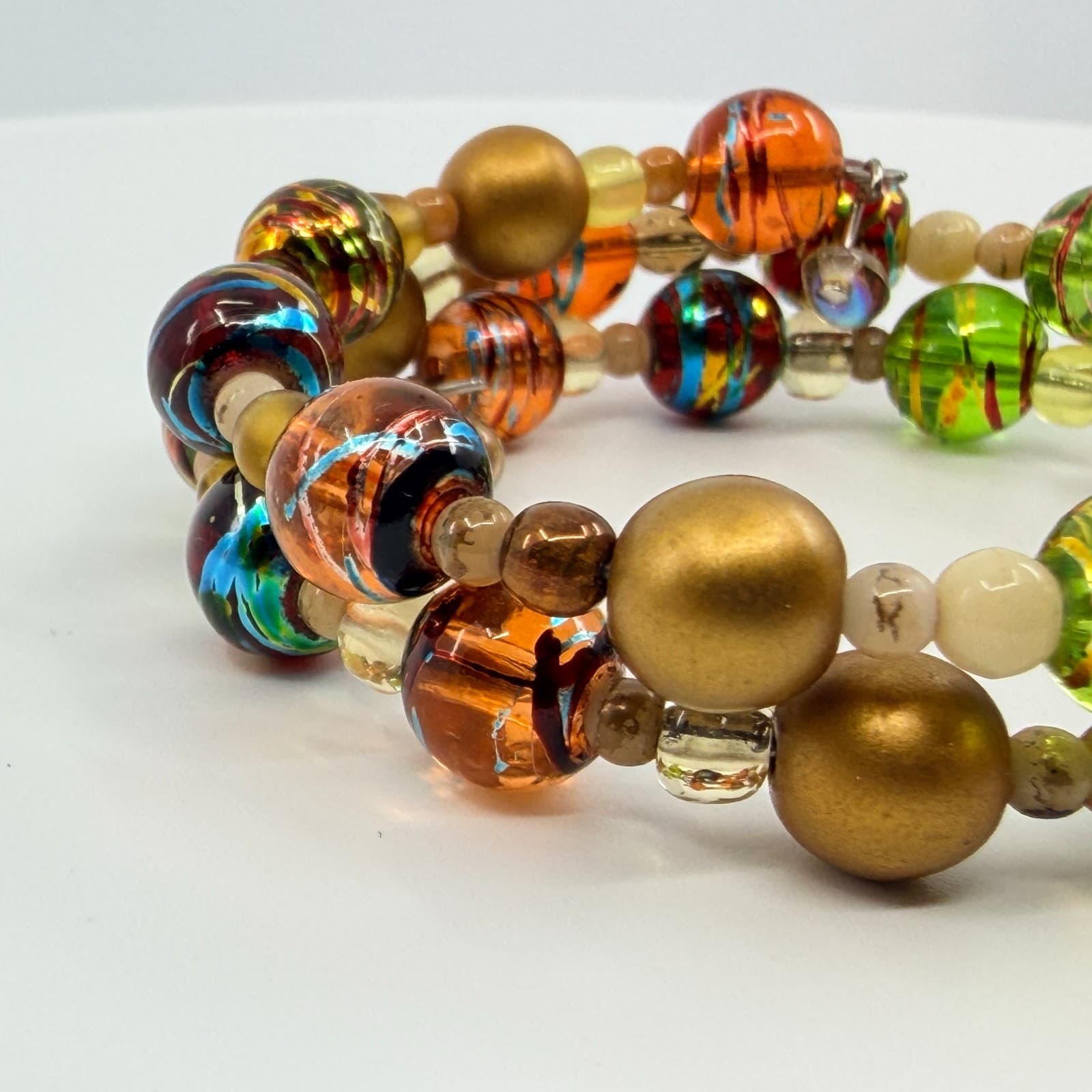 Vintage Gold Tone Lampwork Art Glass Beaded Coil Wrap Bracelet Chunky Boho 90s - Thumbnail 6