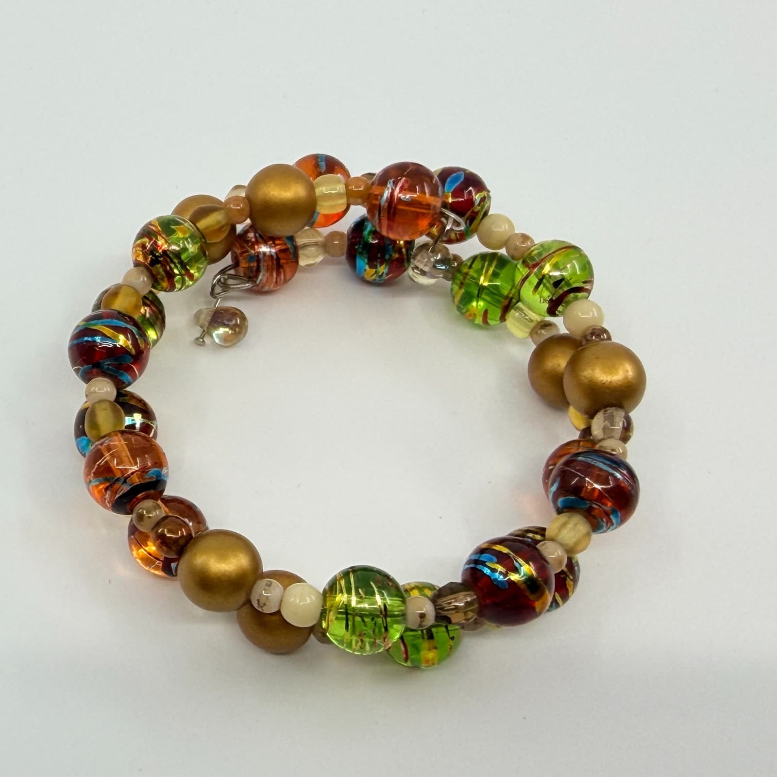 Vintage Gold Tone Lampwork Art Glass Beaded Coil Wrap Bracelet Chunky Boho 90s - Thumbnail 4