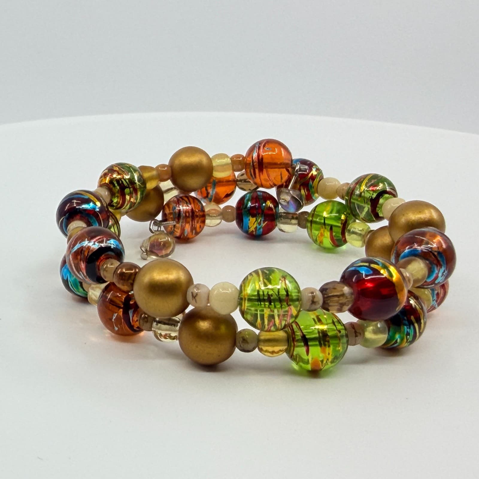 Vintage Gold Tone Lampwork Art Glass Beaded Coil Wrap Bracelet Chunky Boho 90s - Thumbnail 7