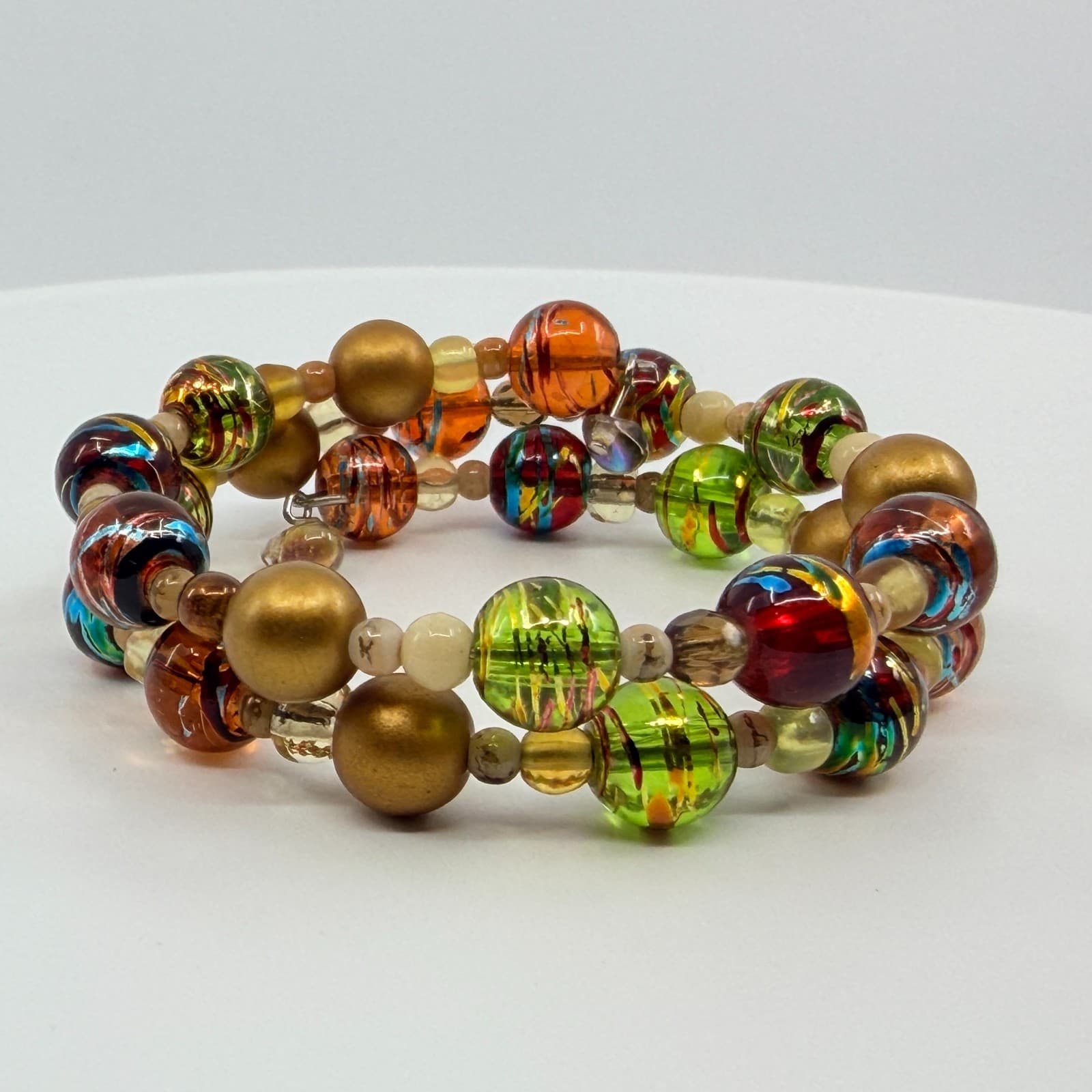 Vintage Gold Tone Lampwork Art Glass Beaded Coil Wrap Bracelet Chunky Boho 90s - Thumbnail 5