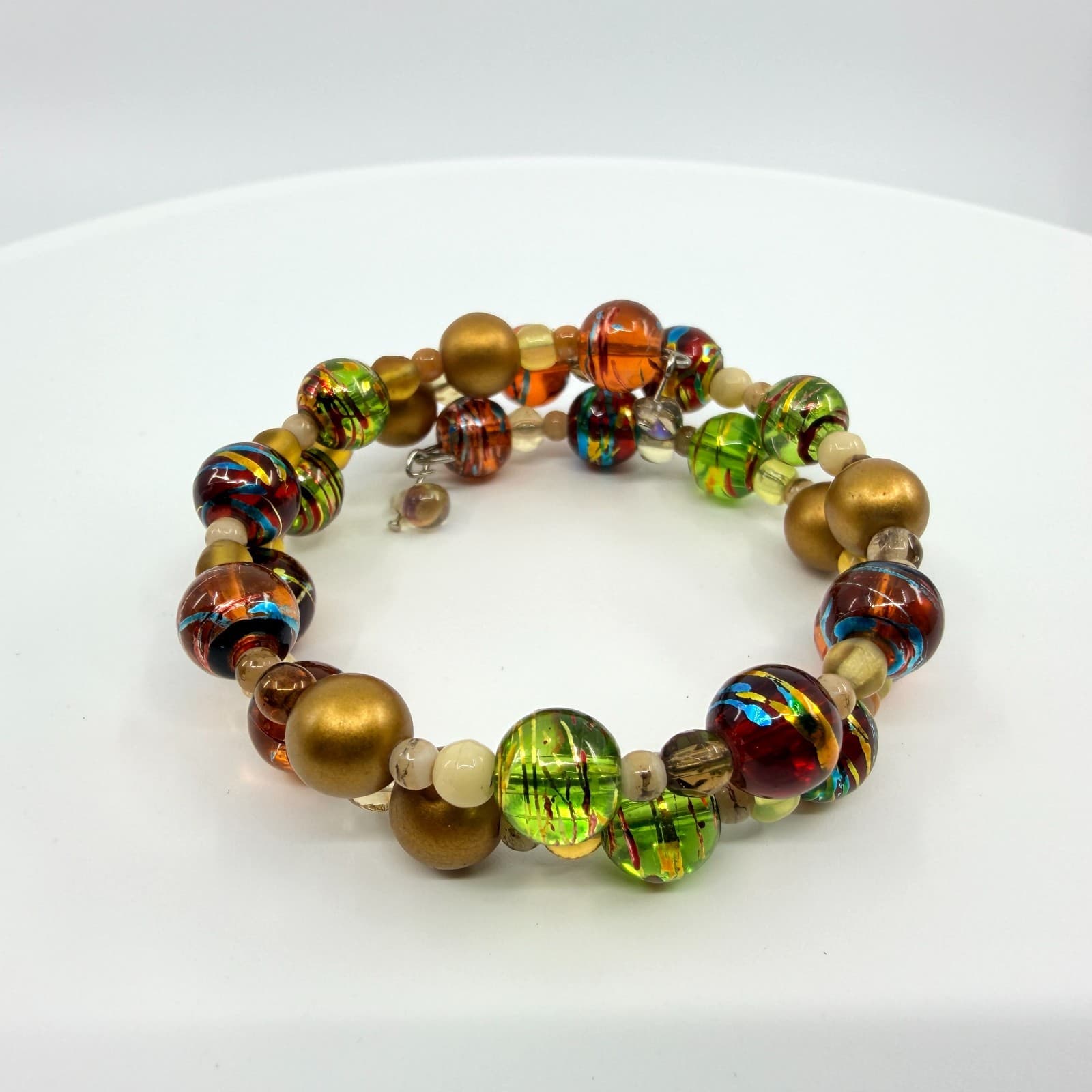 Vintage Gold Tone Lampwork Art Glass Beaded Coil Wrap Bracelet Chunky Boho 90s - Thumbnail 2