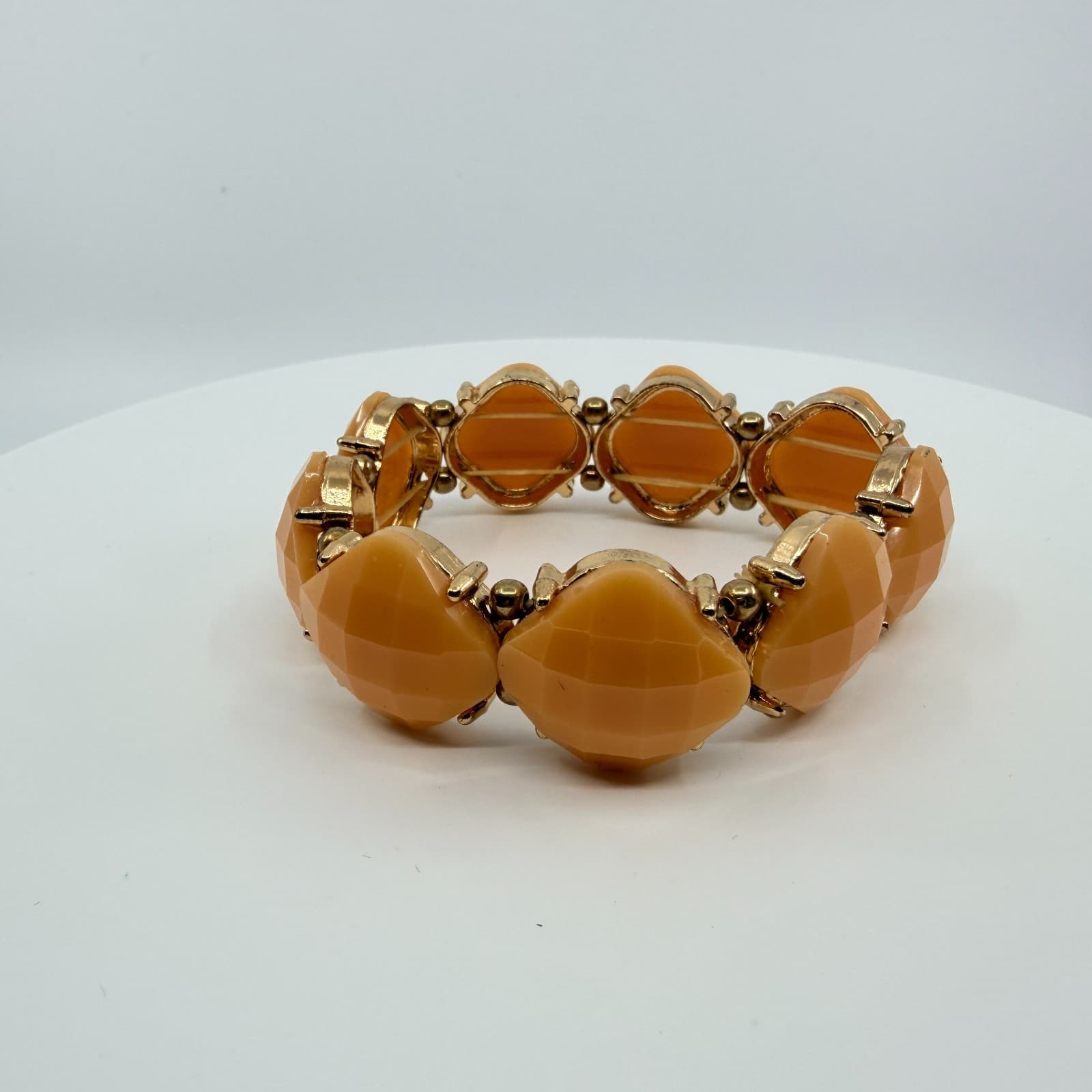 Vintage Gold Tone Peach Apricot Faceted Bead Stretch Bracelet Chunky Statement - Thumbnail 5