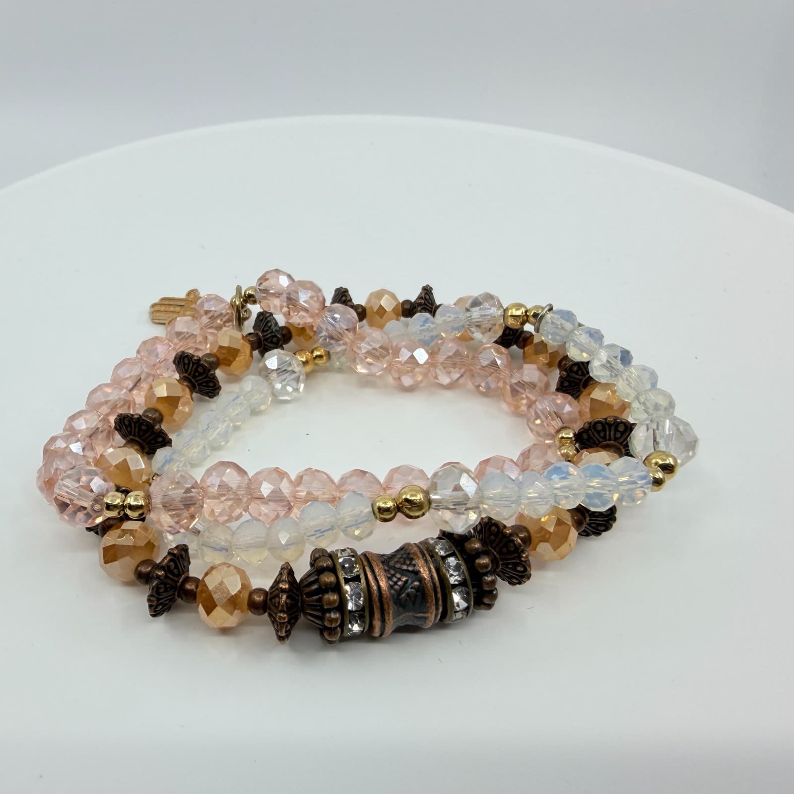 Vintage Copper Tone Peach Iridescent Beaded Stackable Stretch Bracelet Set 3 - Thumbnail 3
