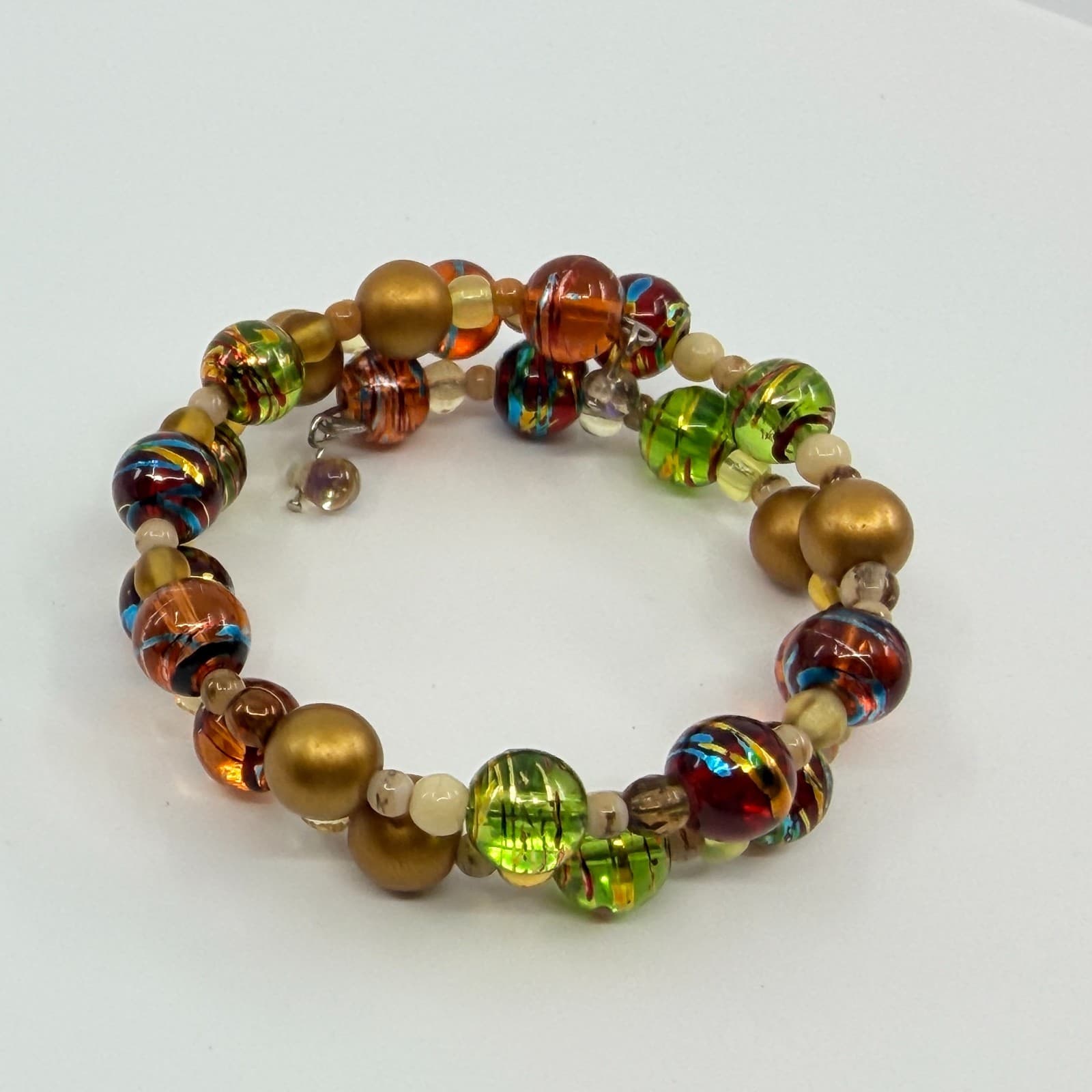 Vintage Gold Tone Lampwork Art Glass Beaded Coil Wrap Bracelet Chunky Boho 90s - Thumbnail 3