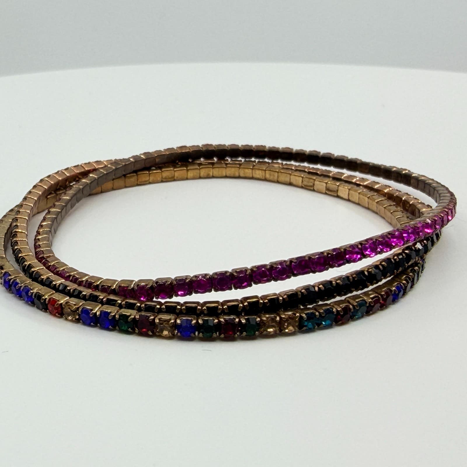 Vintage Bronze Tone Multi Color Rhinestone Stackable Stretch Bracelet Set 3 90s - Thumbnail 4
