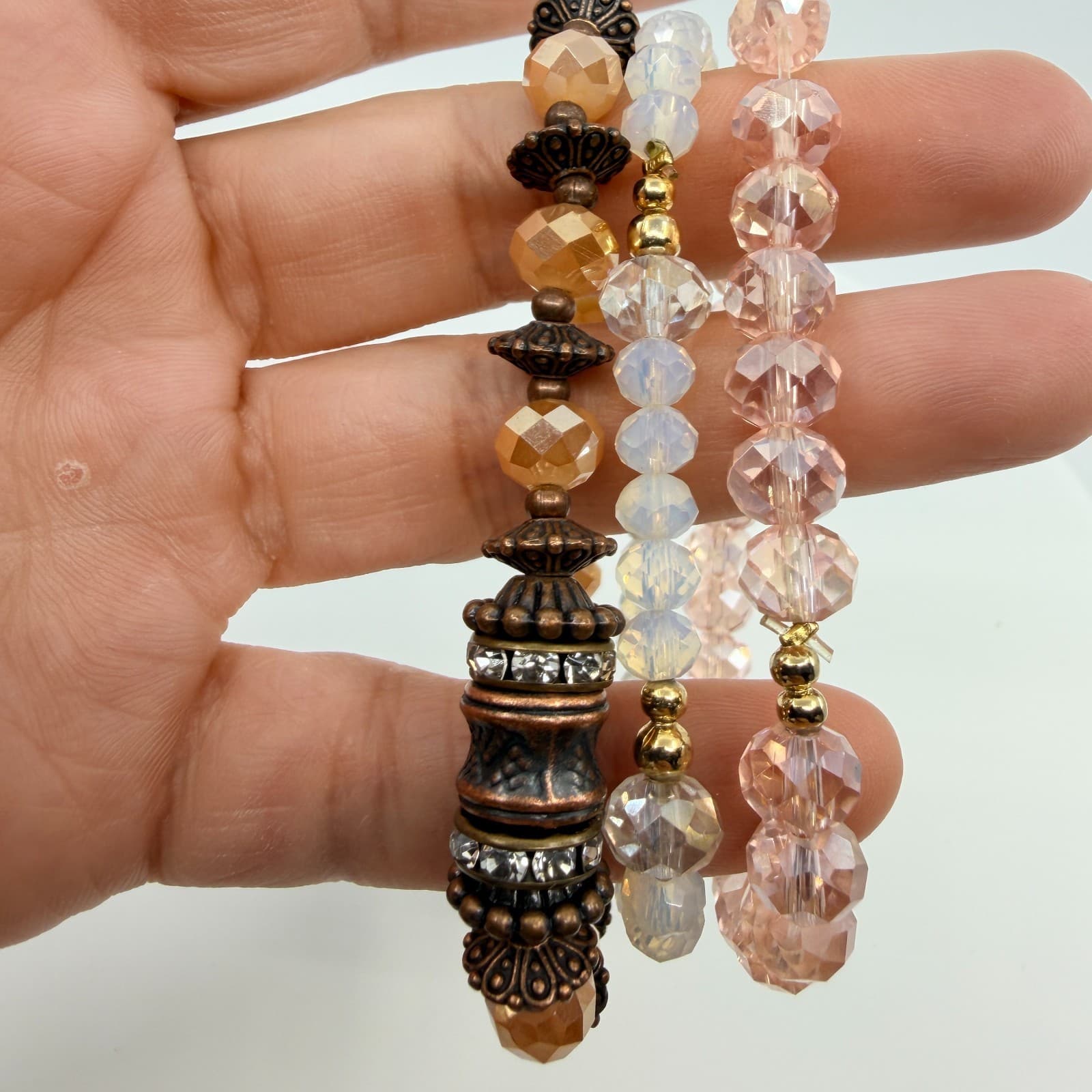 Vintage Copper Tone Peach Iridescent Beaded Stackable Stretch Bracelet Set 3 - Thumbnail 7