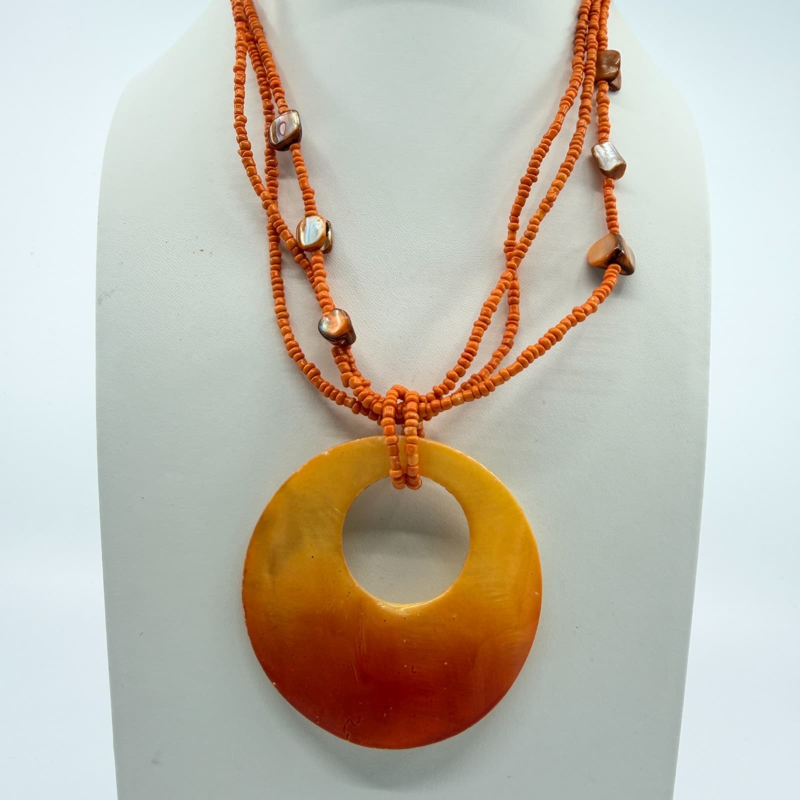 Vintage Orange Multi Strand Seed Bead Necklace Shell Circle Pendant Boho Retro - Thumbnail 2