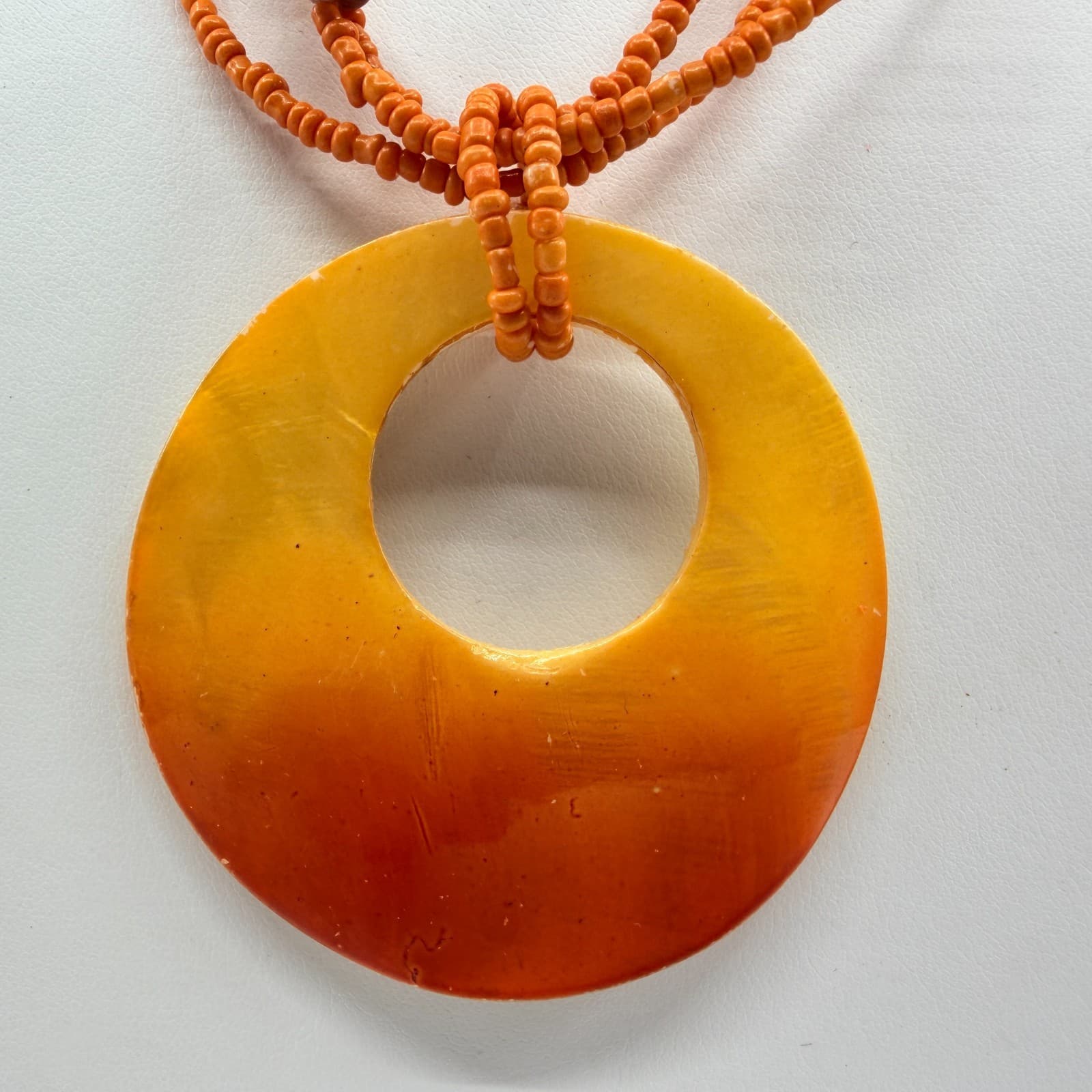 Vintage Orange Multi Strand Seed Bead Necklace Shell Circle Pendant Boho Retro - Thumbnail 3