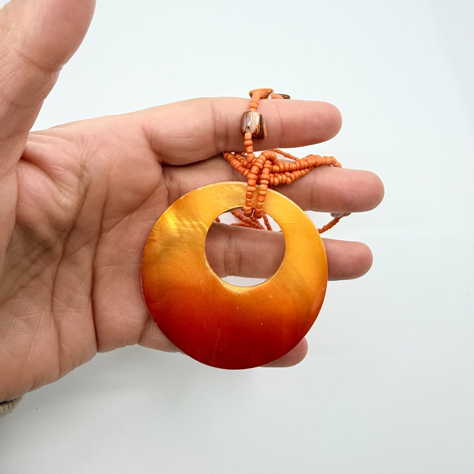 Vintage Orange Multi Strand Seed Bead Necklace Shell Circle Pendant Boho Retro - Thumbnail 8