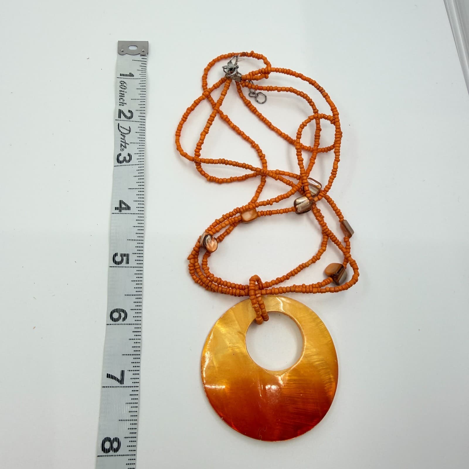 Vintage Orange Multi Strand Seed Bead Necklace Shell Circle Pendant Boho Retro - Thumbnail 9