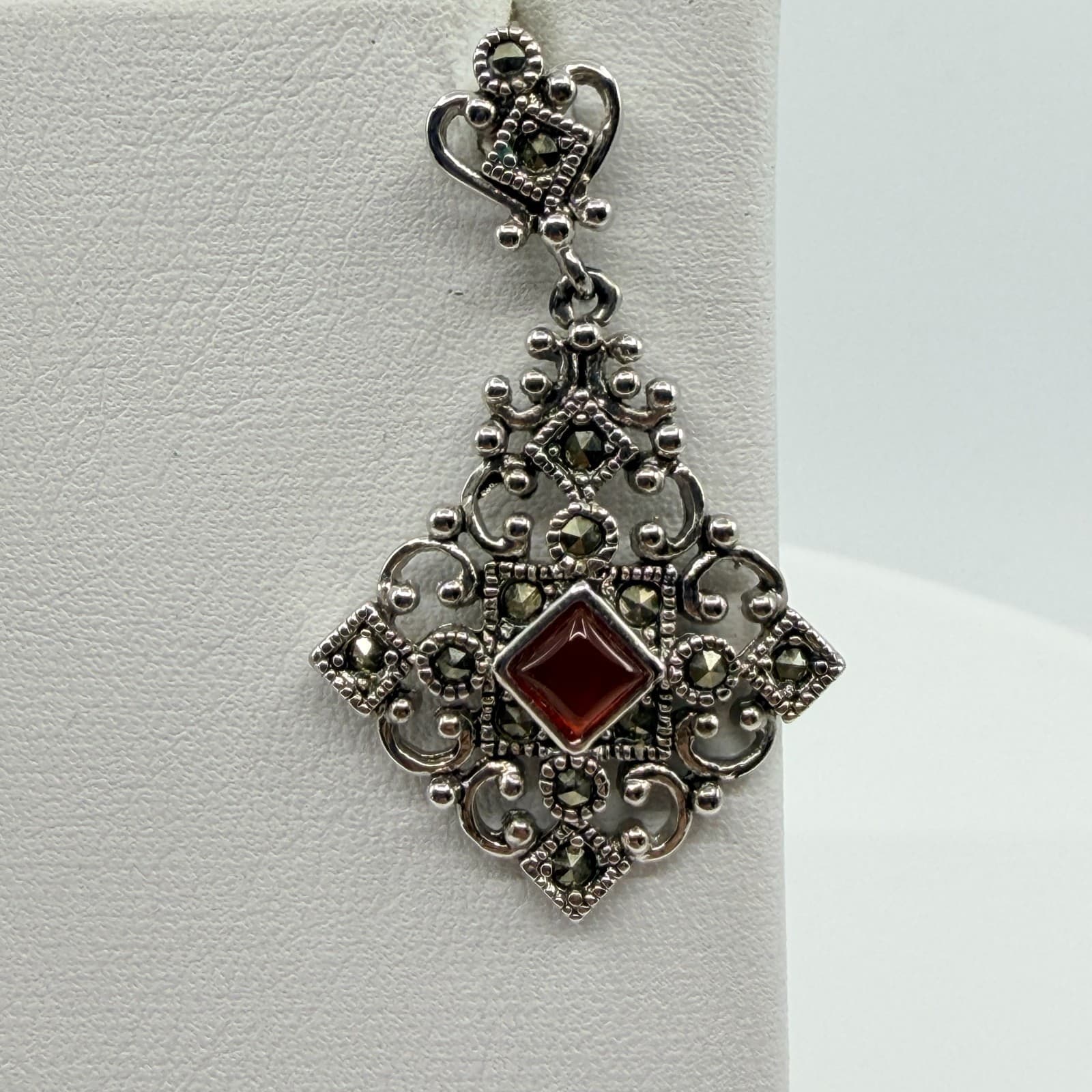 Vintage Silver Tone Red Stone Jewelry Set Victorian Style Filigree Earrings Boho - Thumbnail 3