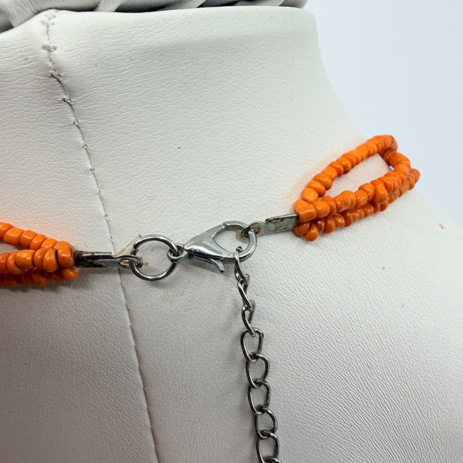 Vintage Orange Multi Strand Seed Bead Necklace Shell Circle Pendant Boho Retro - Thumbnail 7