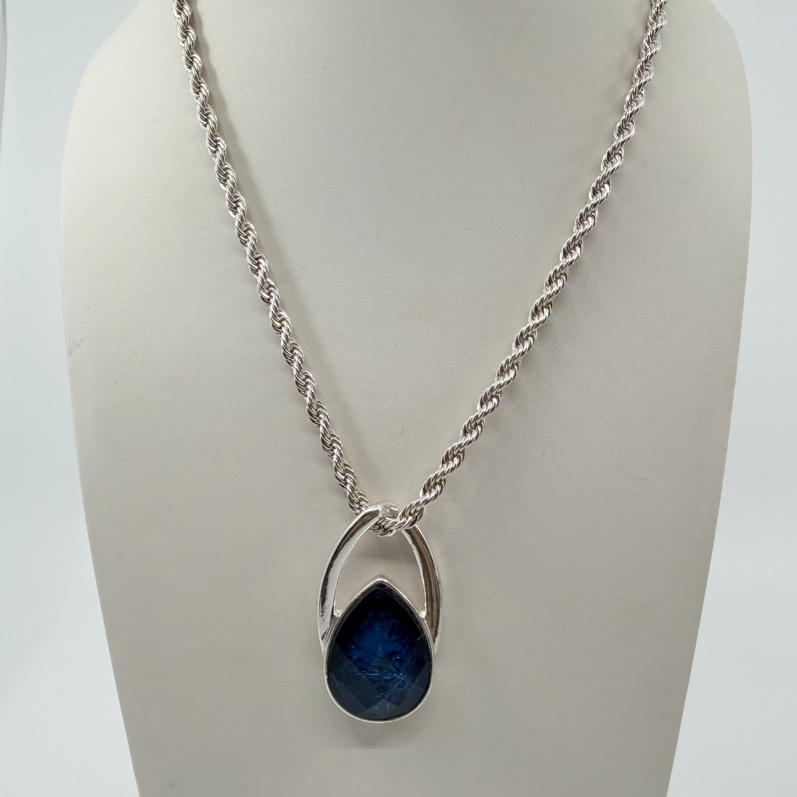 Vintage Silver Tone Deep Blue Teardrop Pendant Necklace Earrings Set Rope Chain - Thumbnail 5