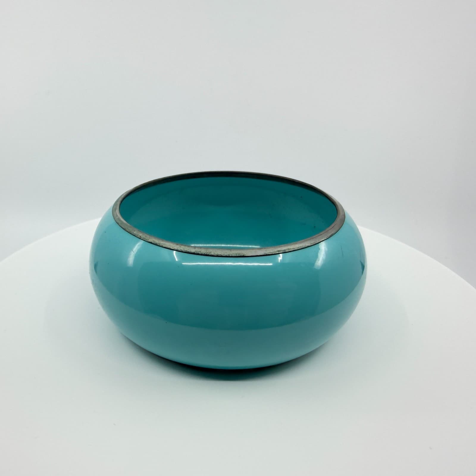 Vintage Faux Turquoise Blue Enamel Wide Domed Bangle Bracelet Silver Tone Retro - Thumbnail 3