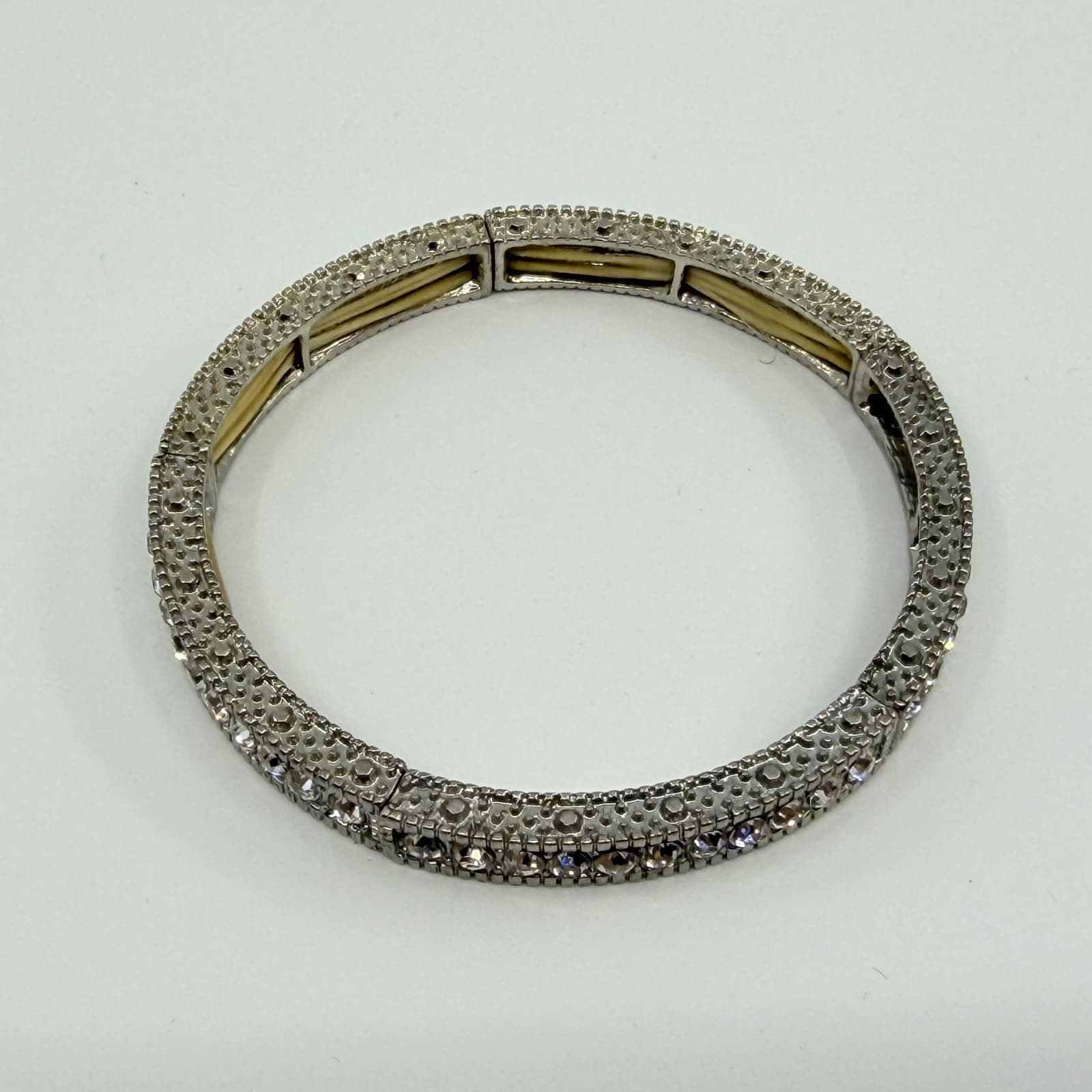 Vintage Silver Tone Clear Rhinestone Stretch Bracelet Pave Panel Statement 90s - Thumbnail 3