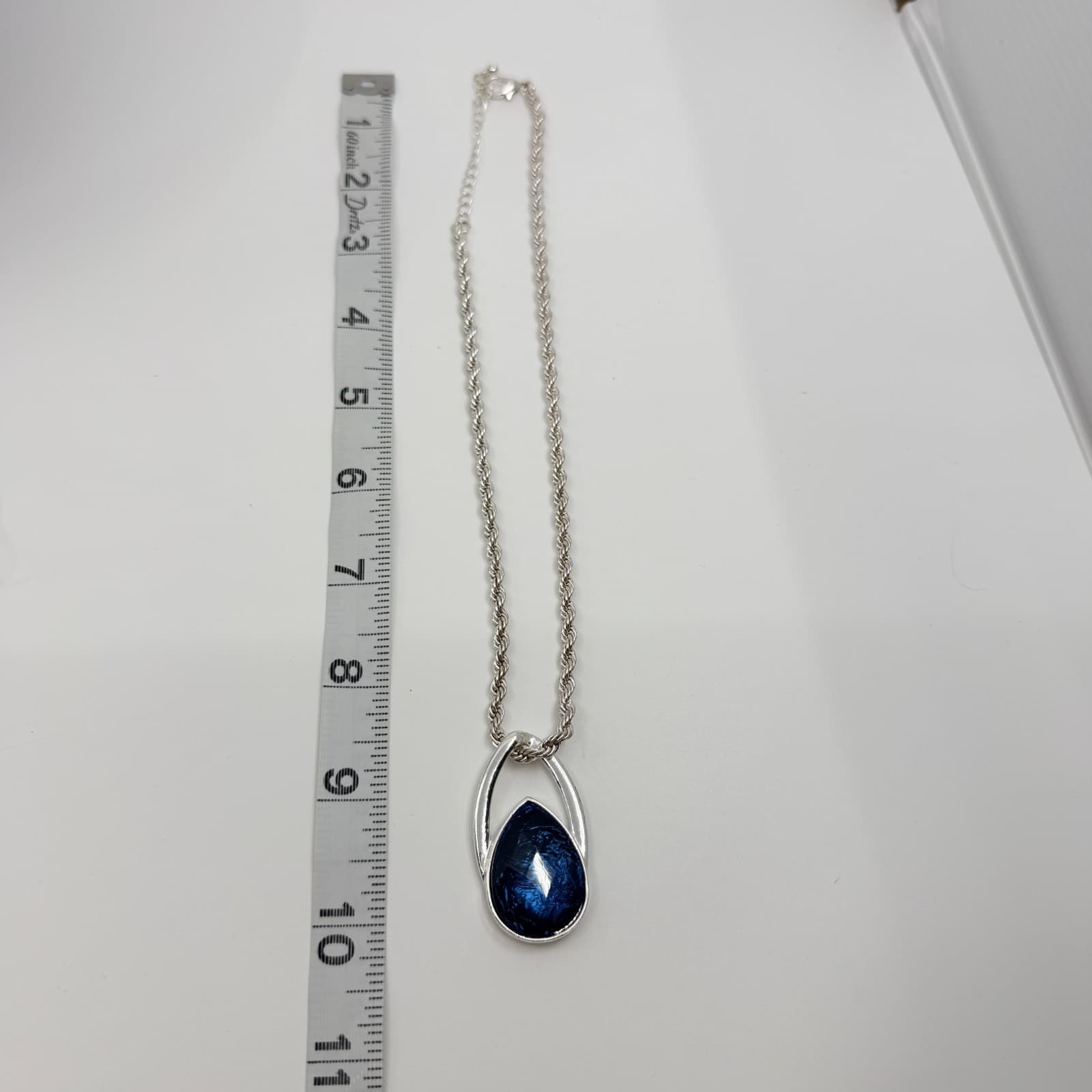 Vintage Silver Tone Deep Blue Teardrop Pendant Necklace Earrings Set Rope Chain - Thumbnail 11