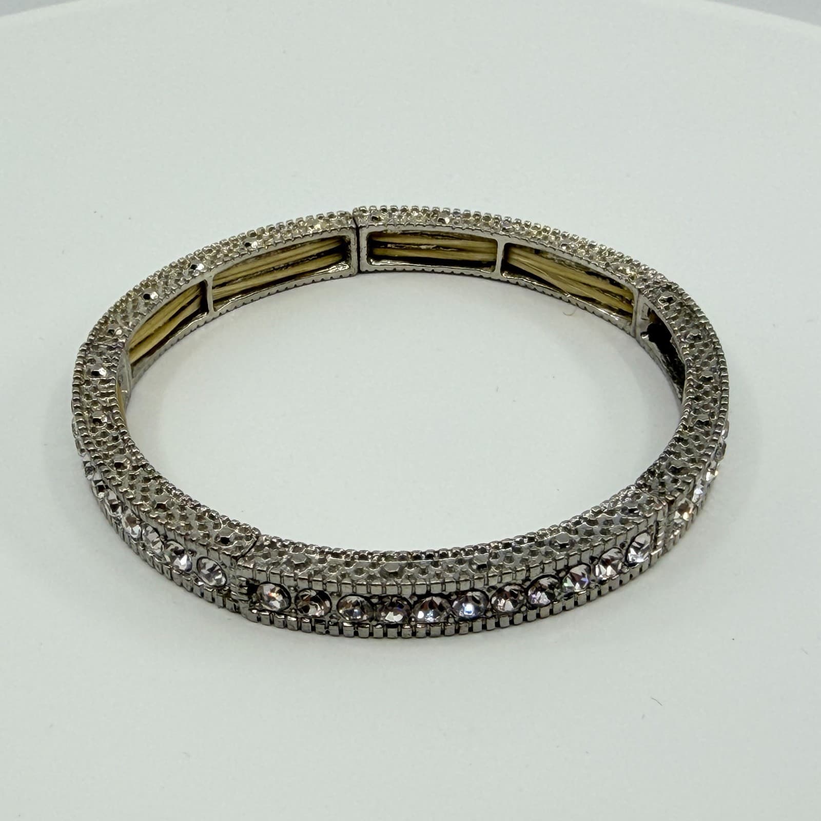 Vintage Silver Tone Clear Rhinestone Stretch Bracelet Pave Panel Statement 90s - Thumbnail 2